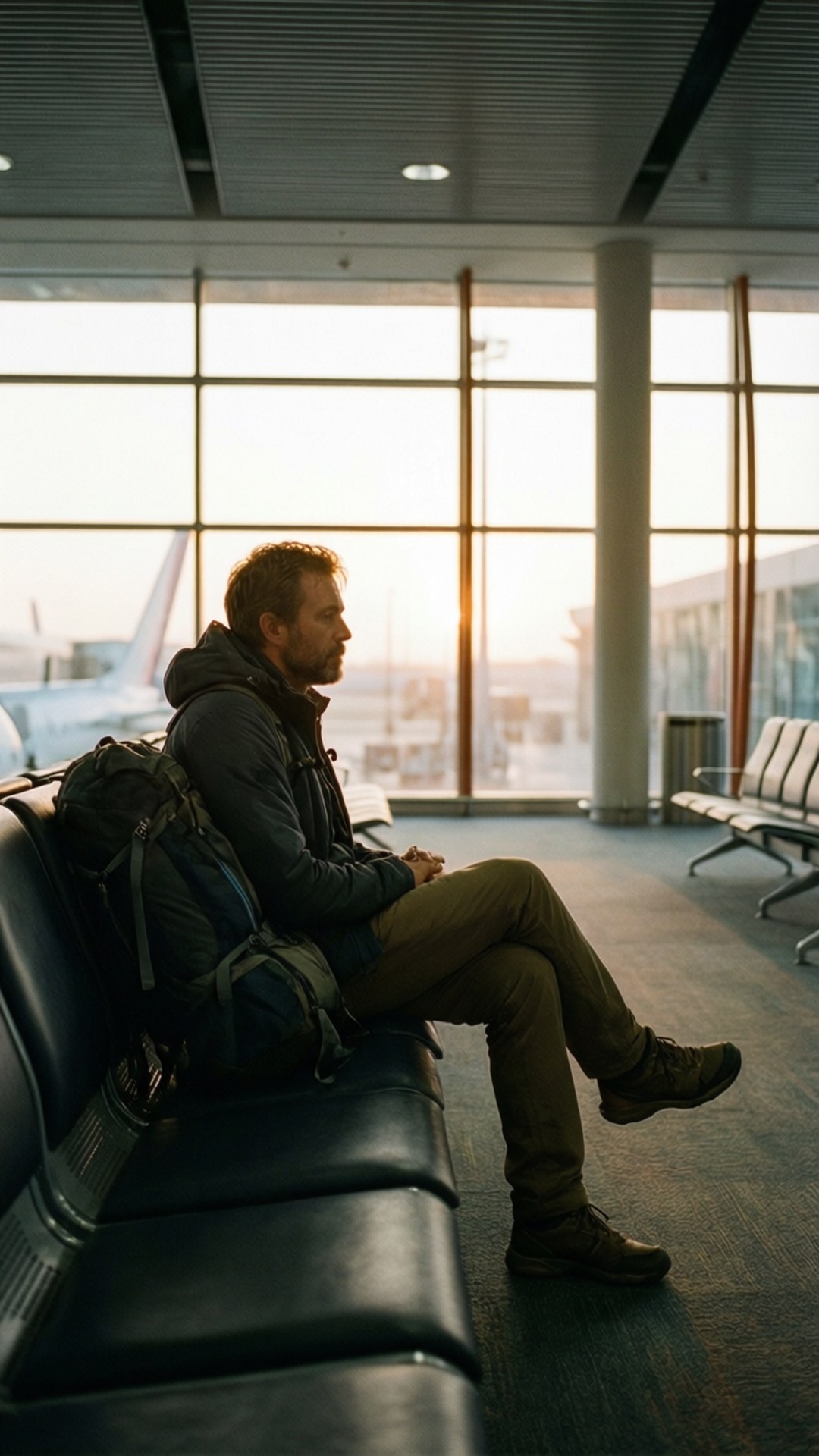 一個背著背包的男人坐在機場的長椅上，透過大窗戶觀看日落。