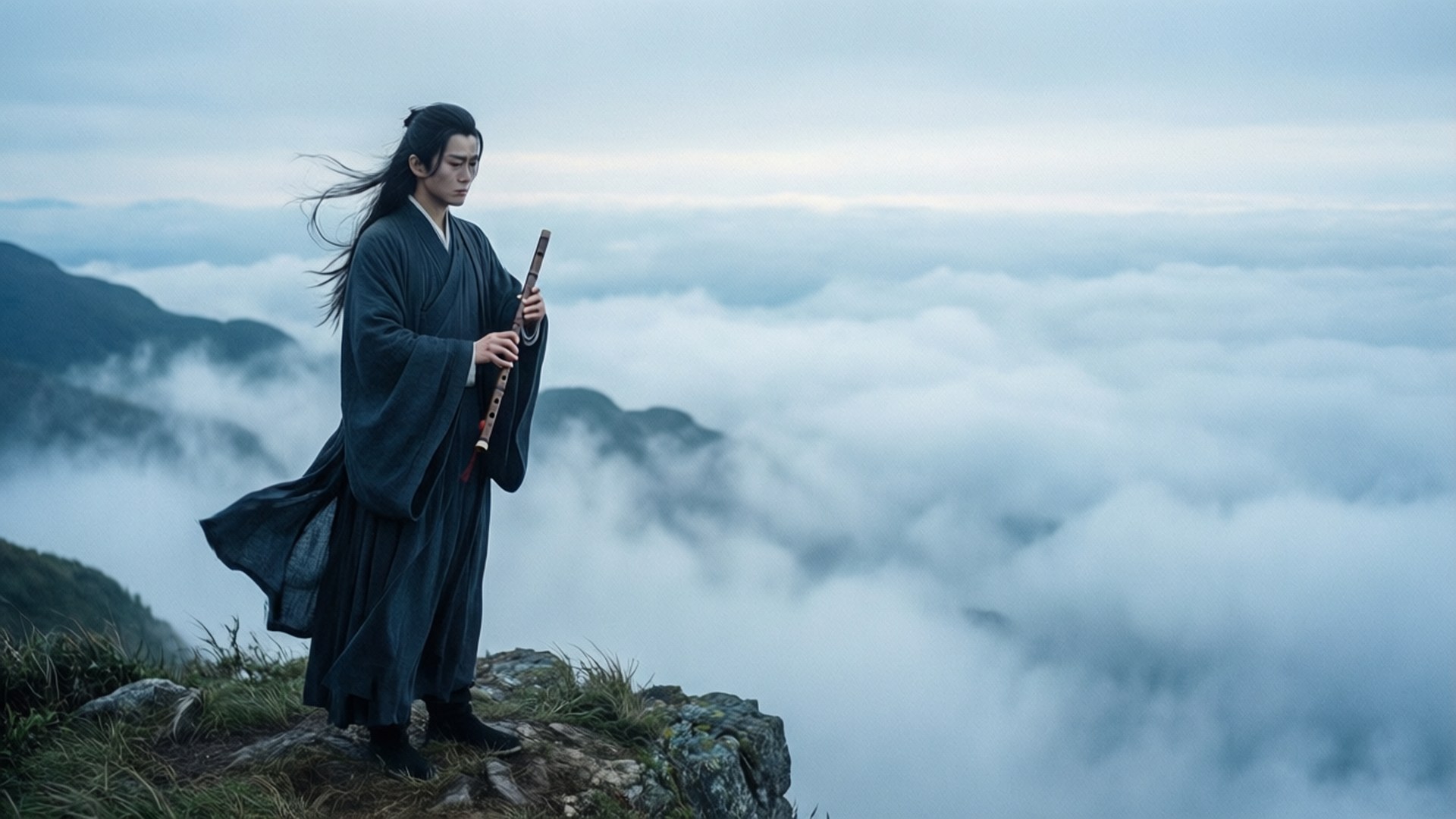 深色長袍男子在雲海之上的山頂手持長笛