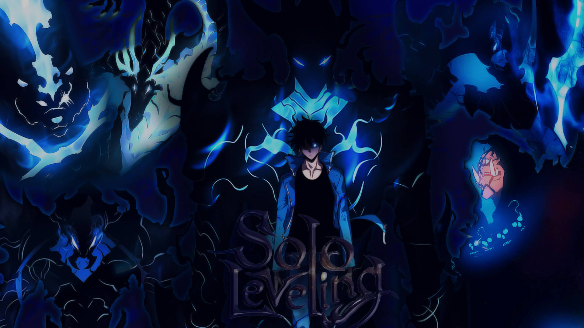 Solo Leveling 影之君王 壁紙 — 一個孤獨的動漫角色在旋轉的藍色能量和陰影惡魔面孔中挑釁地站立在黑暗奇幻場景中。