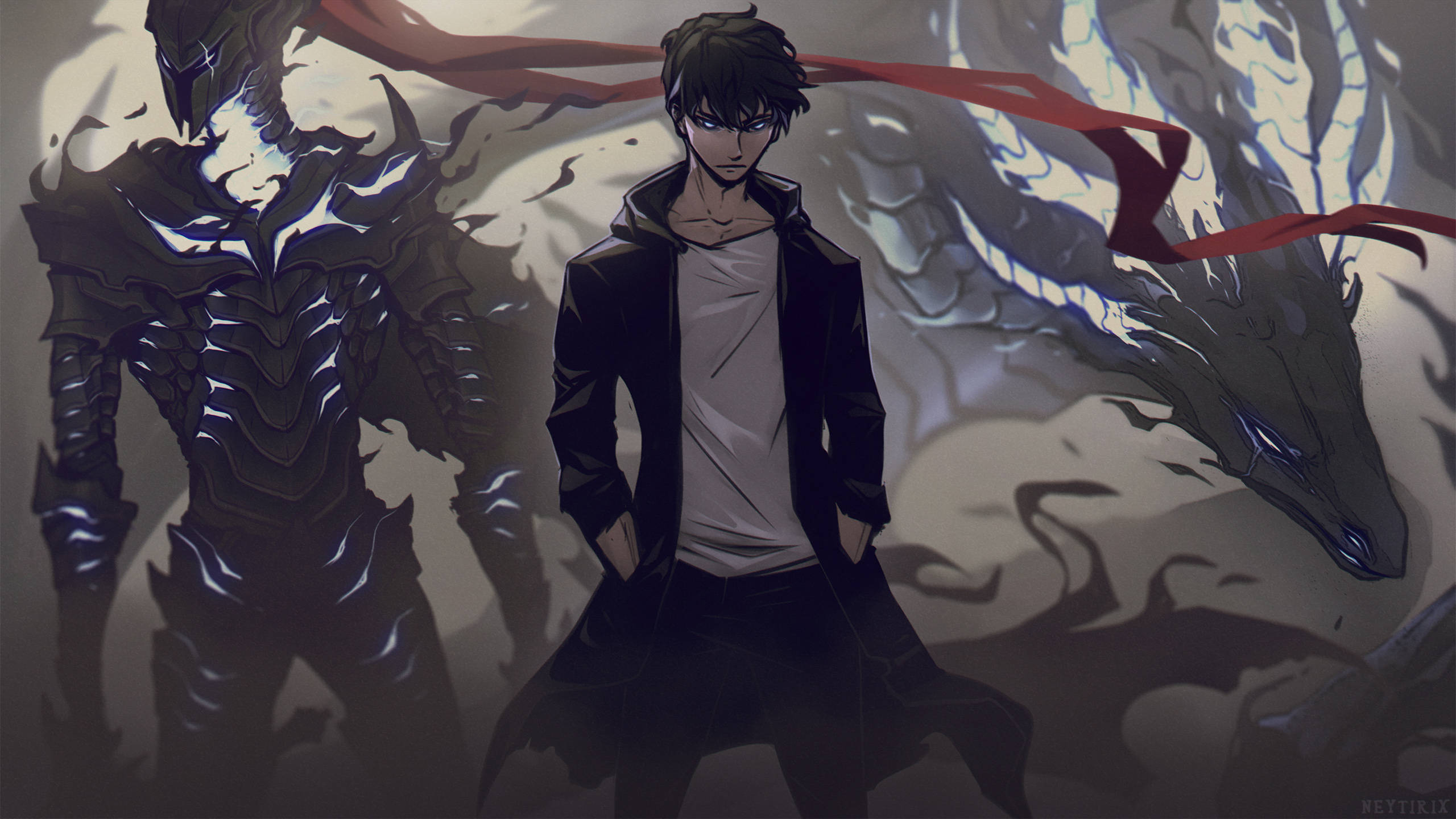 Solo Leveling 4K：Igris 與 Jinwoo 壁紙 — 一個黑髮動漫男孩穿著黑色外套，自信地站在一條帶有飄逸紅絲帶的威嚴裝甲龍旁邊，背景是煙霧繚繞的灰色。