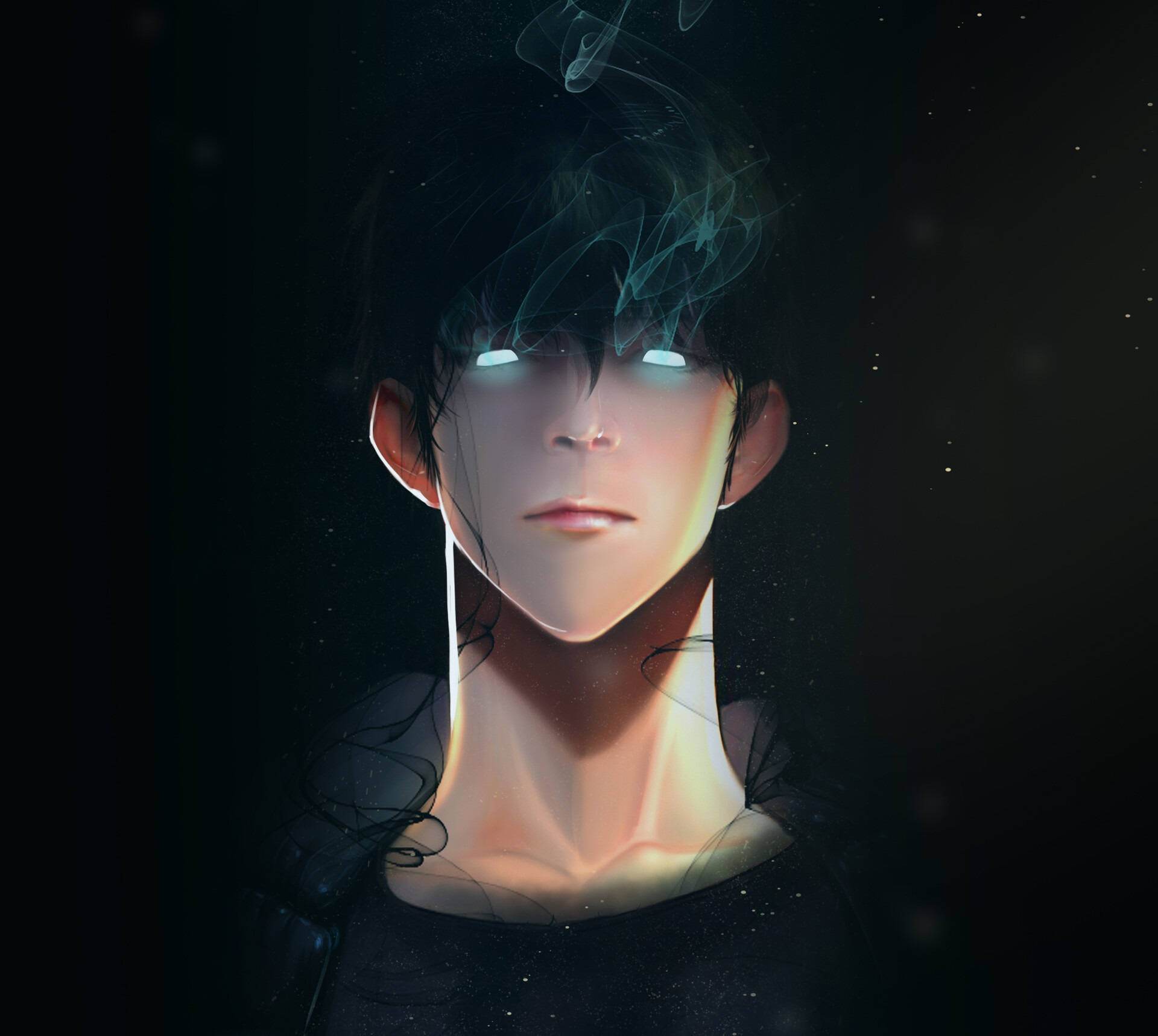 Solo Leveling 4K：Sung Jinwoo 原創藝術 壁紙 — 一個發光眼睛的動漫男孩，深色頭髮，頭上有縹緲的煙霧在旋轉，背景是星空黑色。