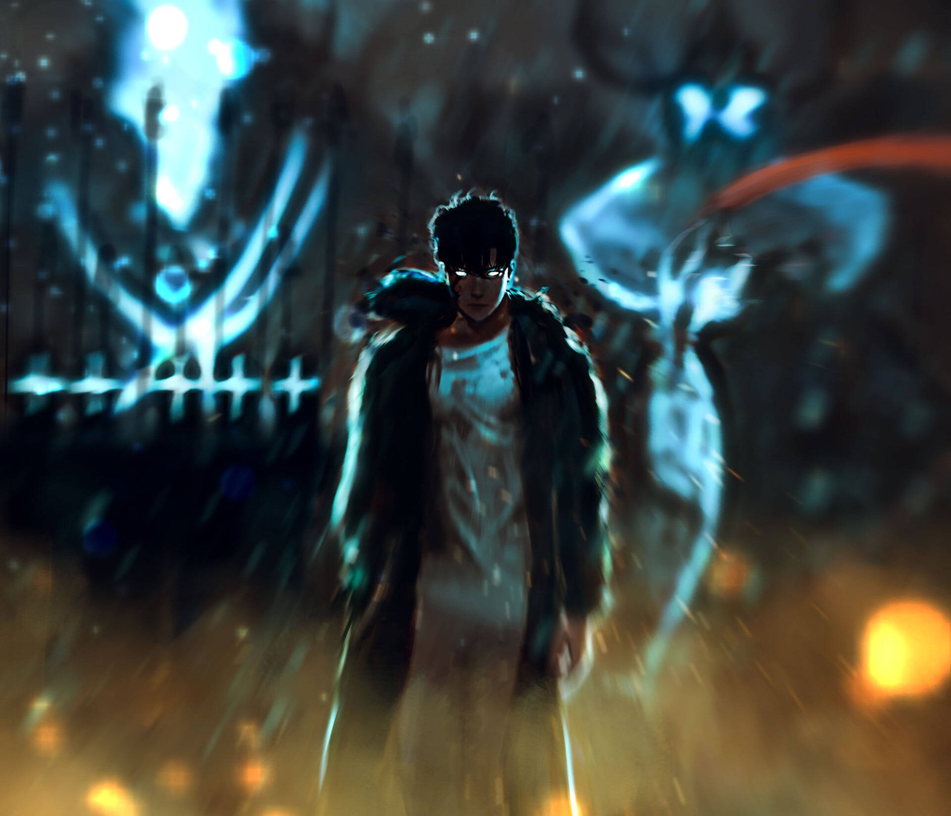 Solo Leveling 4K：Jinwoo 與 Igris、Iron 壁紙 — 一個孤獨的身影穿著深色外套，在暴風雨般、發光的城市夜晚中，帶著幽靈般的藍光和熾熱的橙色火花盤旋四周，挑釁地站立著。