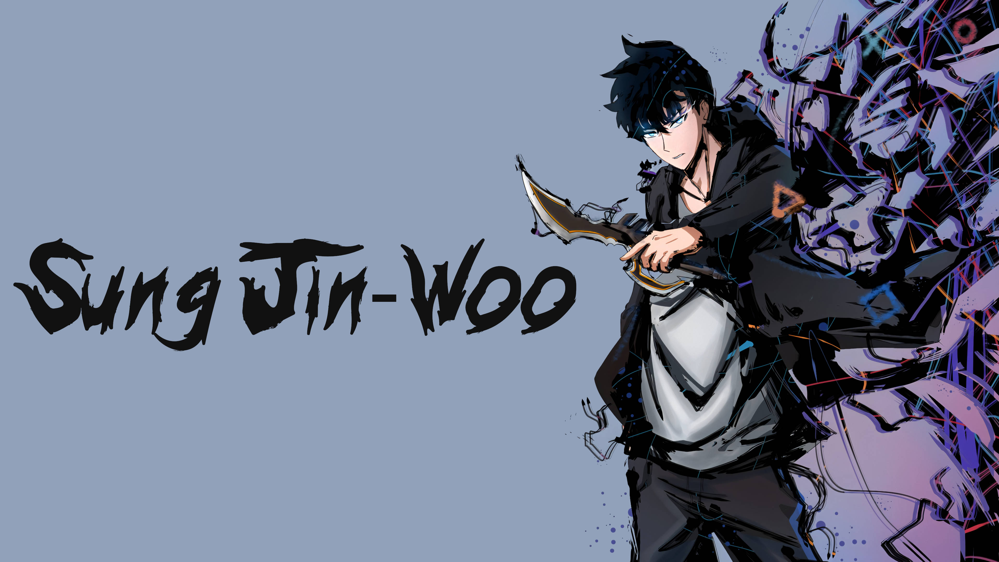 《Solo Leveling》Jin-Woo 名字 4K 壁紙 — 動漫角色成振宇在柔和的藍色背景上，揮劍對抗破碎的紫色和黑色能量背景。