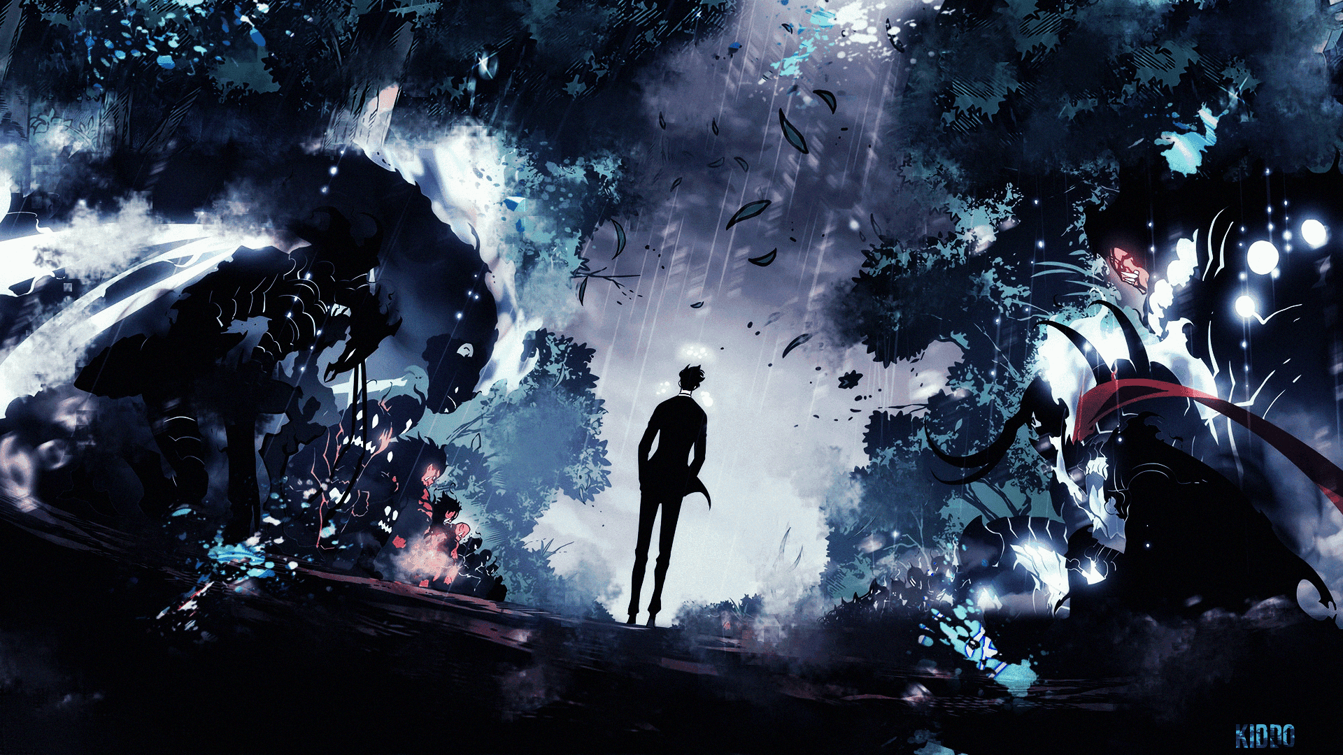 Solo Leveling 壁紙 — 一個孤獨的剪影站在兩個怪物般的生物之間，在風暴天空下，有發光的藍色和白色能量爆發。