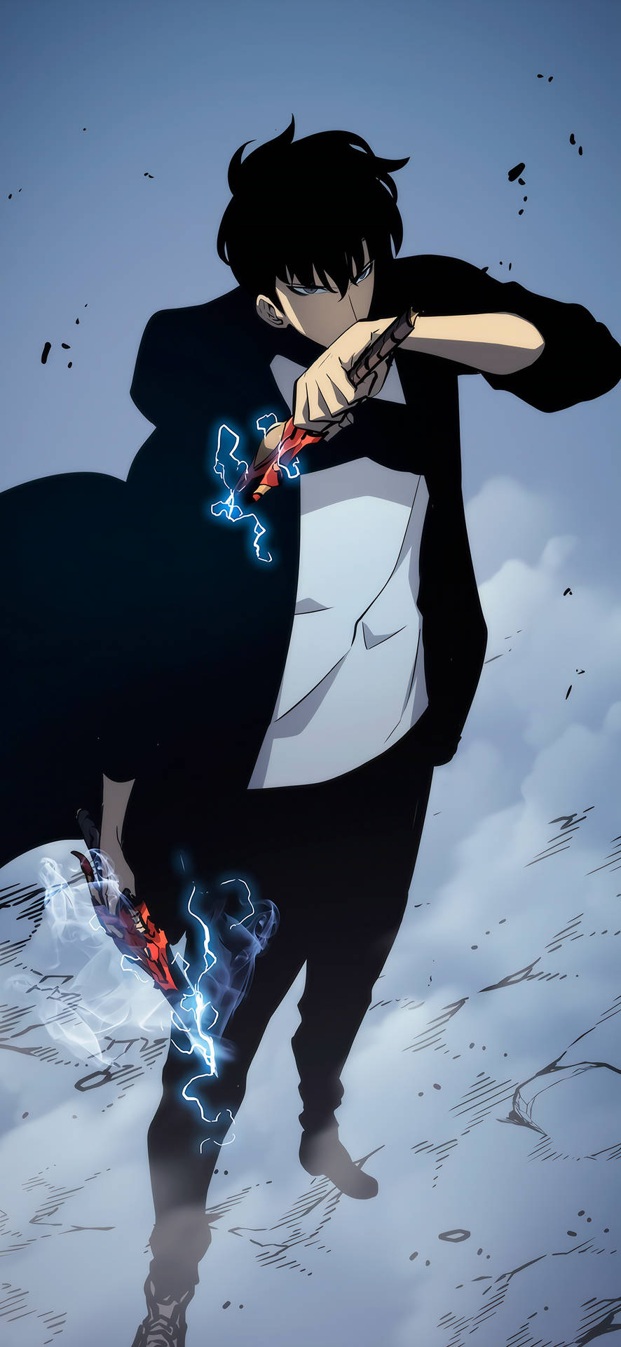 動漫男孩穿著黑色西裝，揮舞著帶有藍色閃電效果的發光紅色劍。