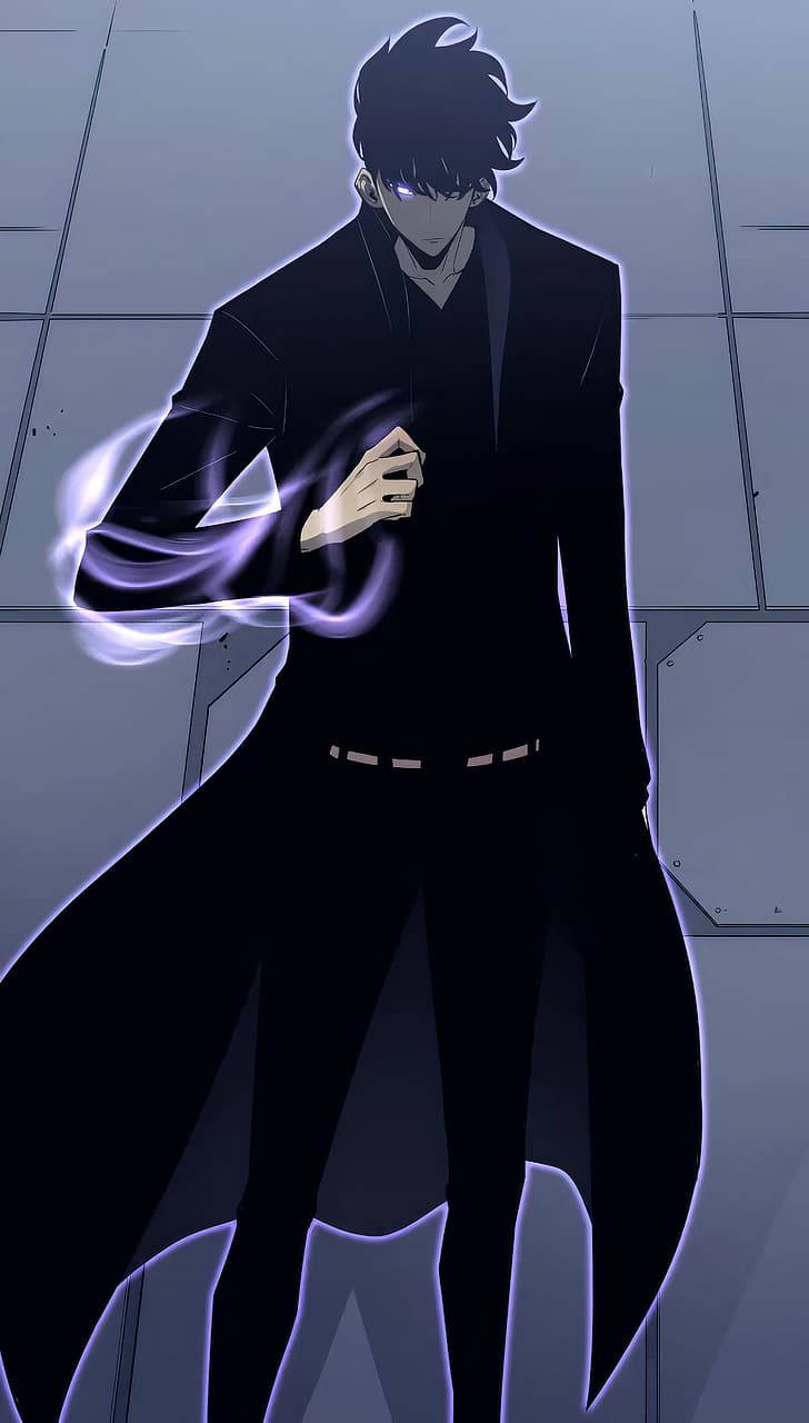 動漫男子穿黑色西裝在未來房間引導紫色能量。