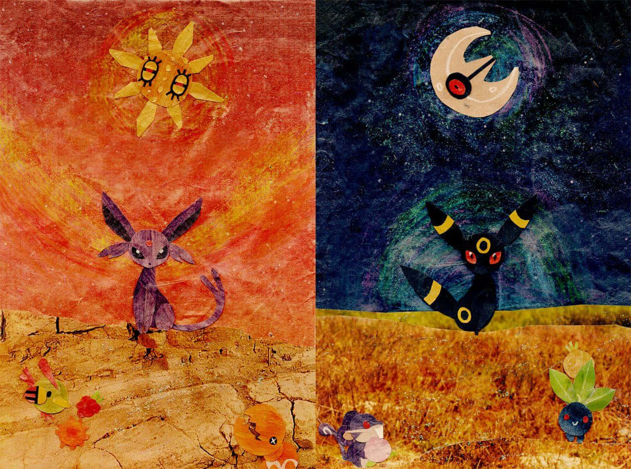Solrock、Lunatone、Espeon與Umbreon藝術作品 壁紙 — 一幅分割藝術作品顯示伊貝在微笑太陽下於龜裂大地，以及月伊貝在彎月與星星下。