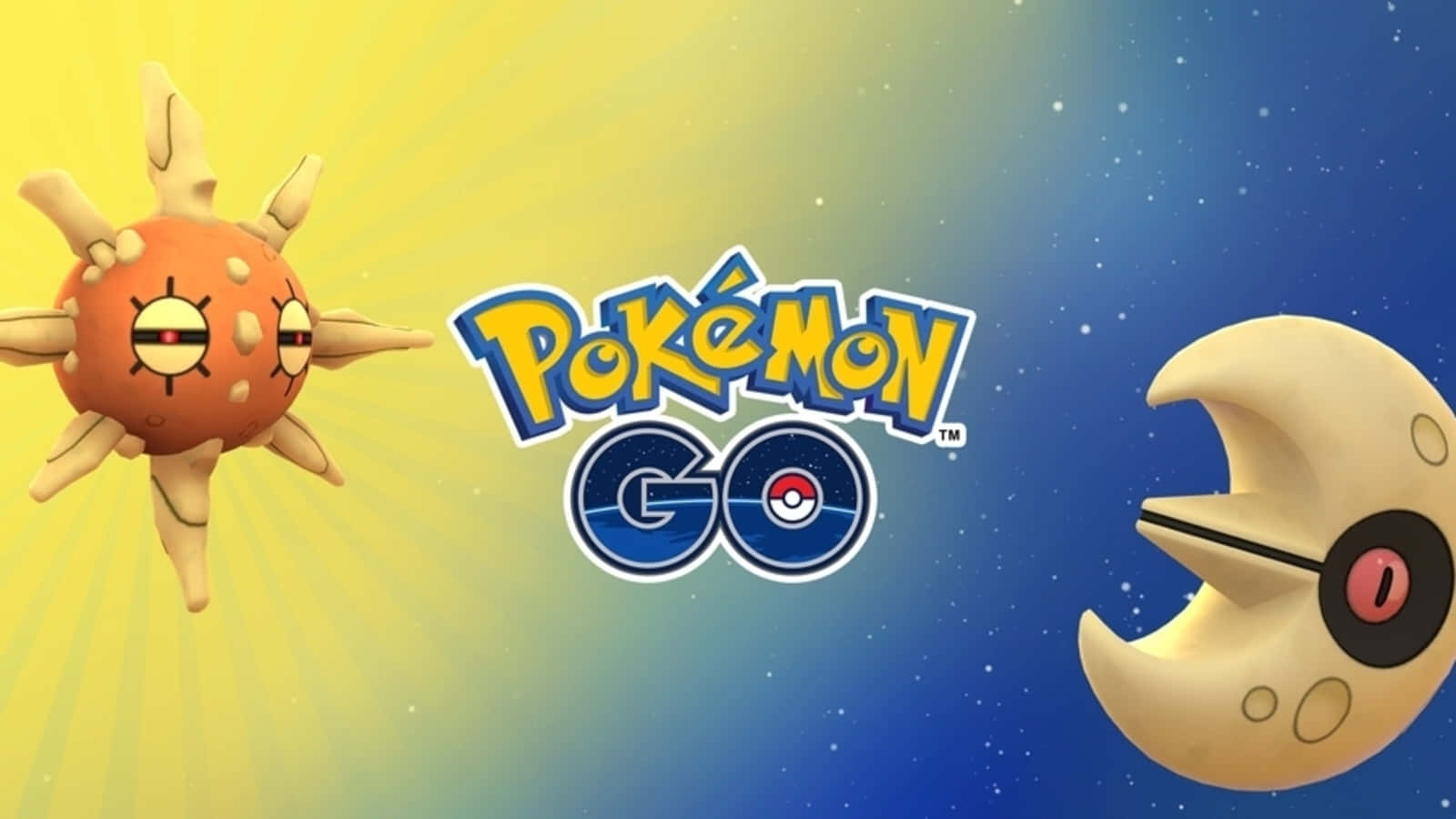 Solrock與Lunatone在Pokémon Go中 壁紙 — 太陽和月亮寶可夢在漸變天空和星空背景下，位於 Pokémon GO 標誌的兩側。