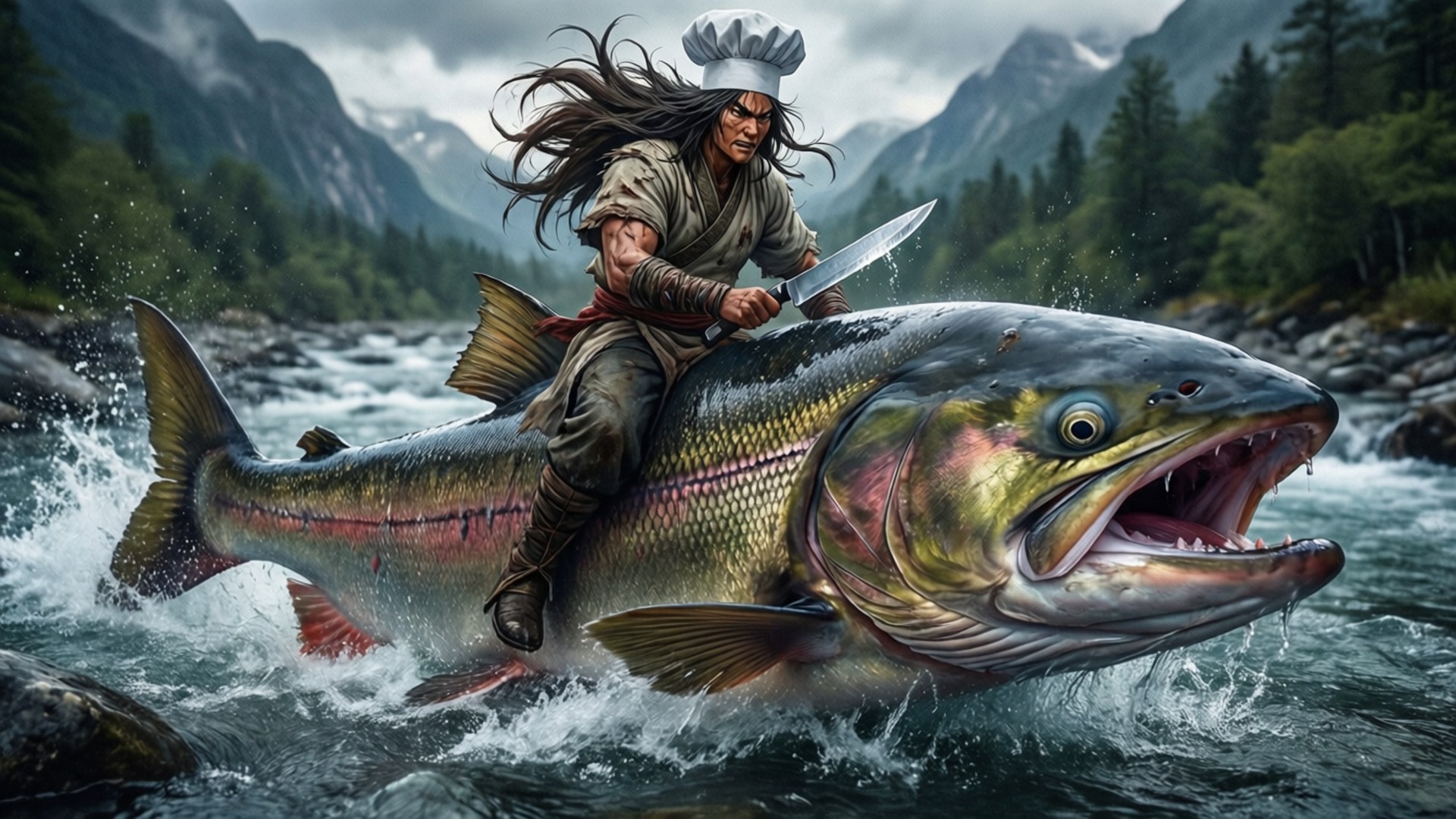 Soma's Salmon Ride 壁紙 — 一位廚師拿著刀騎著一條跳躍的三文魚穿過一條有松樹林和霧氣山峰的山間河流。