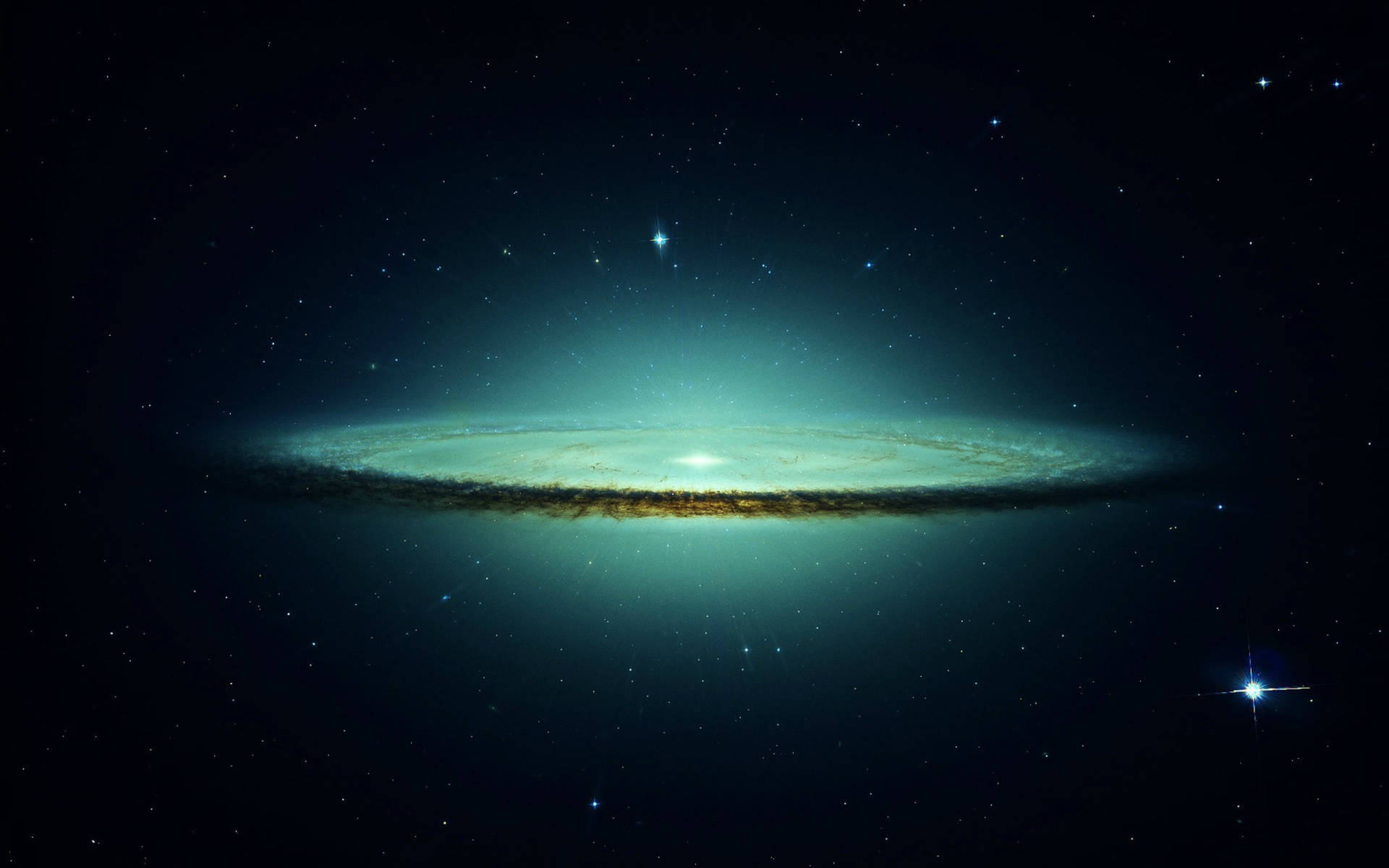 一個發光的螺旋星系，帶有藍綠色和金色的旋臂，周圍環繞著星星。