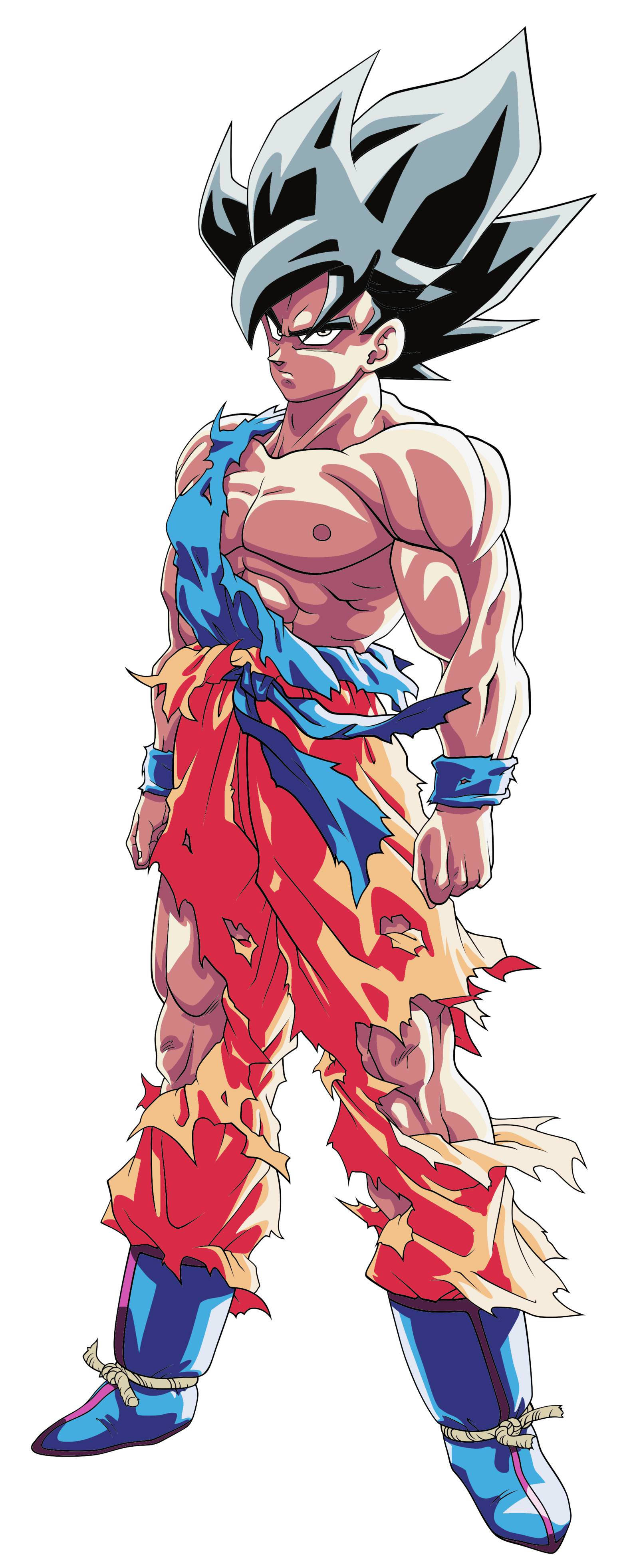 超級賽亞人黑髮Son Goku iPhone 壁紙 — 一位肌肉發達的動漫戰士，擁有尖刺的黑色和銀色頭髮，穿著破爛的紅色和藍色戰鬥服，擺出強而有力的姿勢。