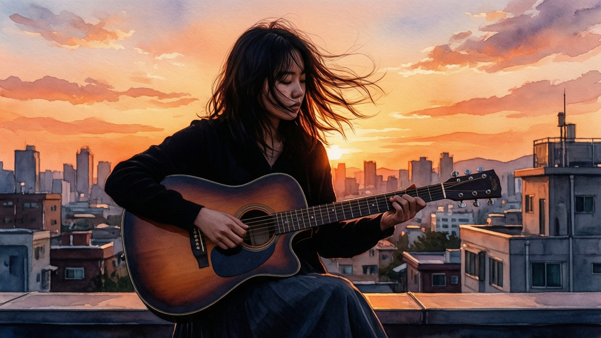 女性在日落時分於城市天台彈奏木結他