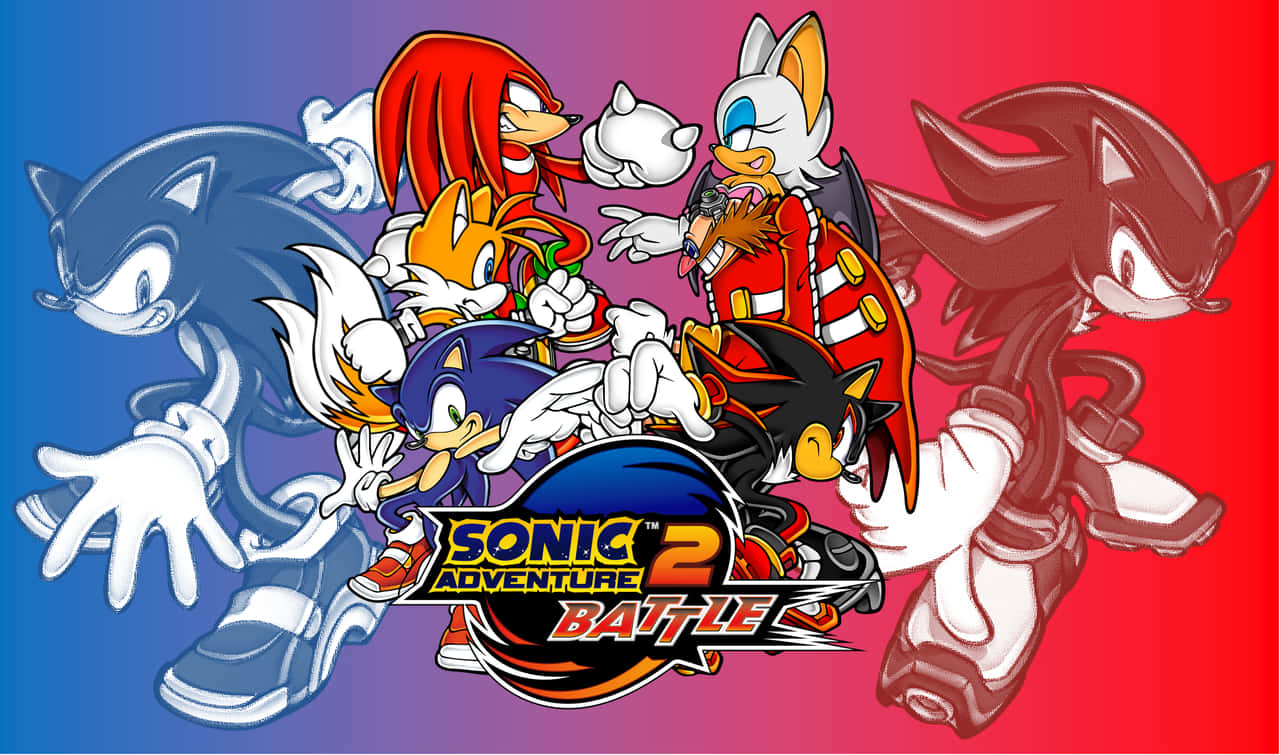 Sonic 2 HD 冒險戰鬥角色海報 壁紙 — 動感十足的索尼克角色群像，背景為鮮豔漸層色，遊戲標誌置中。