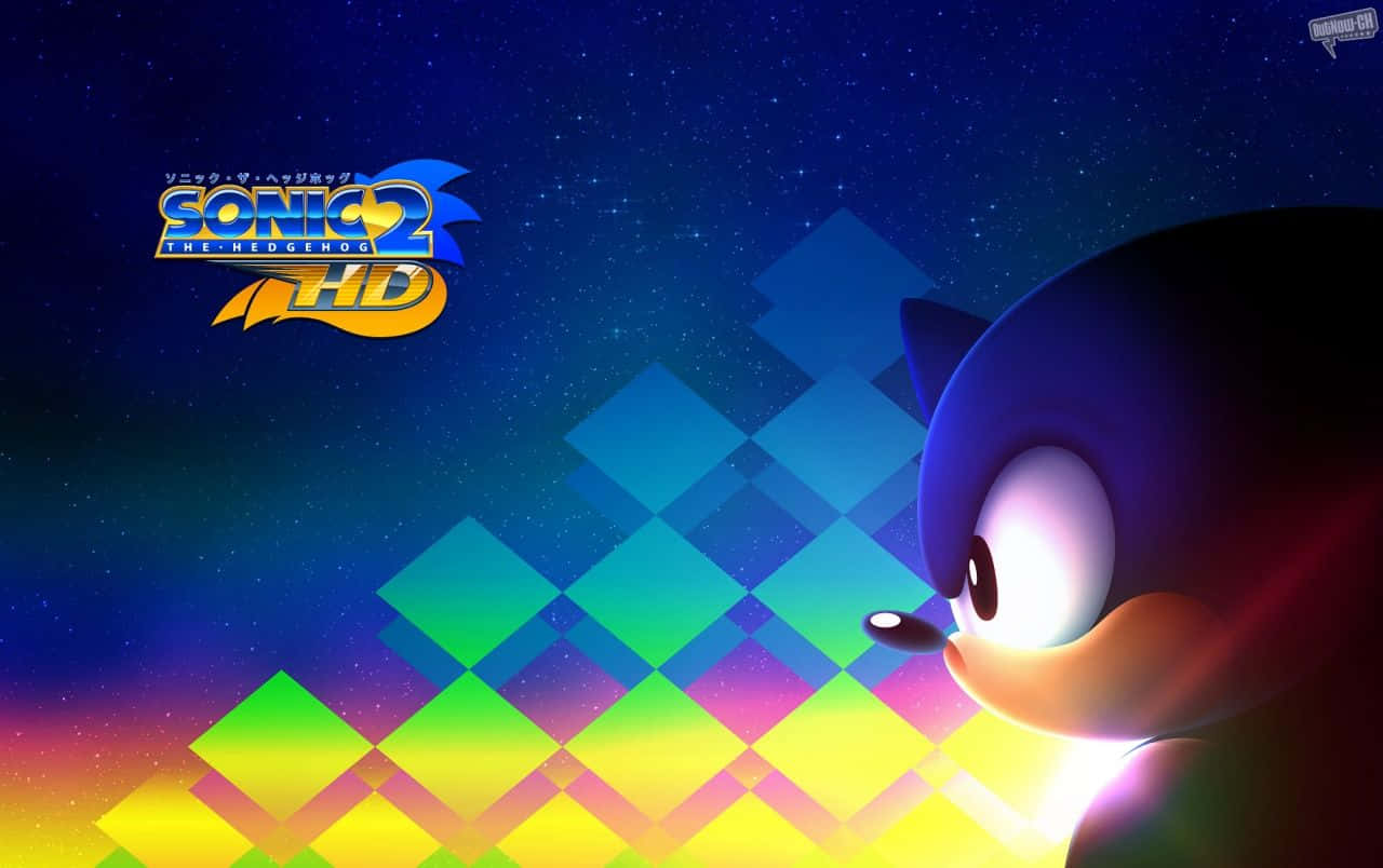 Sonic the Hedgehog 喺星空下嘅彩色幾何景觀中。