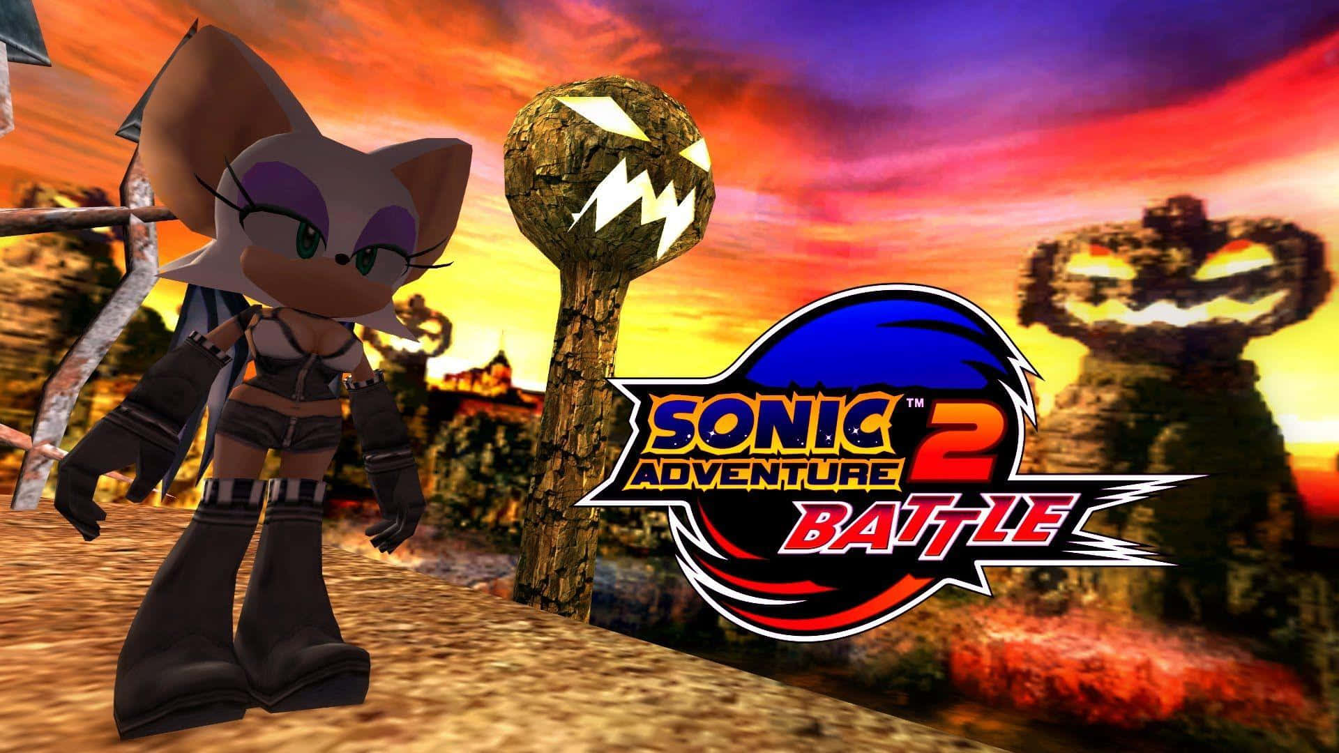  壁紙 — Sonic Adventure 2 Battle 標誌在熾熱的日落背景下發光，一個狐狸角色站在雕刻的南瓜雕像旁邊。