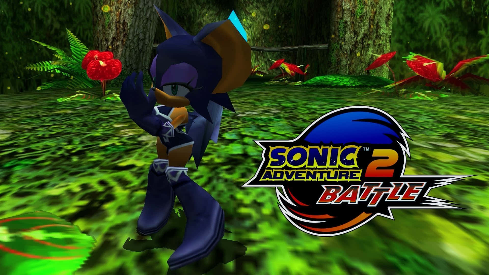  壁紙 — Sonic Adventure 2 Battle 標誌在一個長滿紅花的茂密綠色叢林中，在藍色刺猬角色旁邊發光。