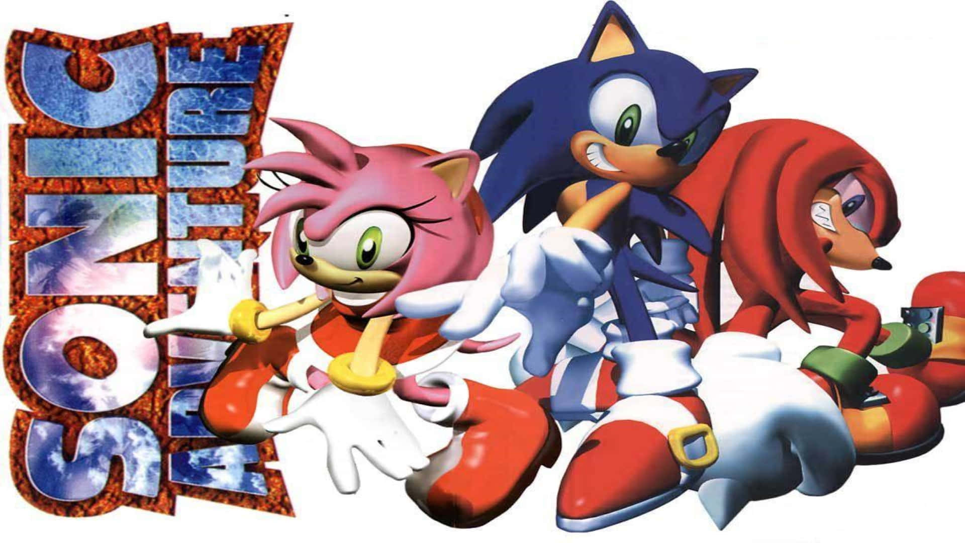 Sonic Adventure HD 桌布 壁紙 — Sonic、Amy 同 Knuckles 喺一個風格化嘅 'Sonic Adventure' 標誌前面動態擺姿勢，顏色鮮豔，輪廓大膽。