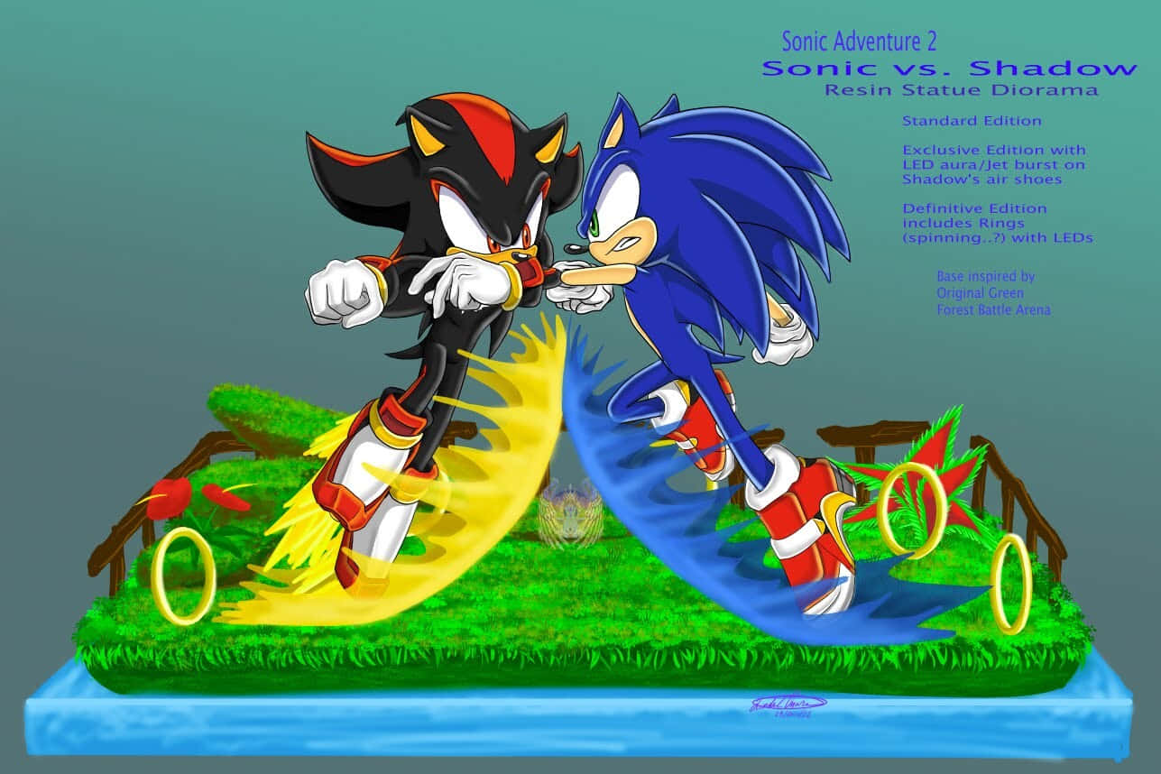  壁紙 — Sonic 和 Shadow 在一個帶有發光環和運動軌跡的草地立體模型上以動態戰鬥姿勢對峙。