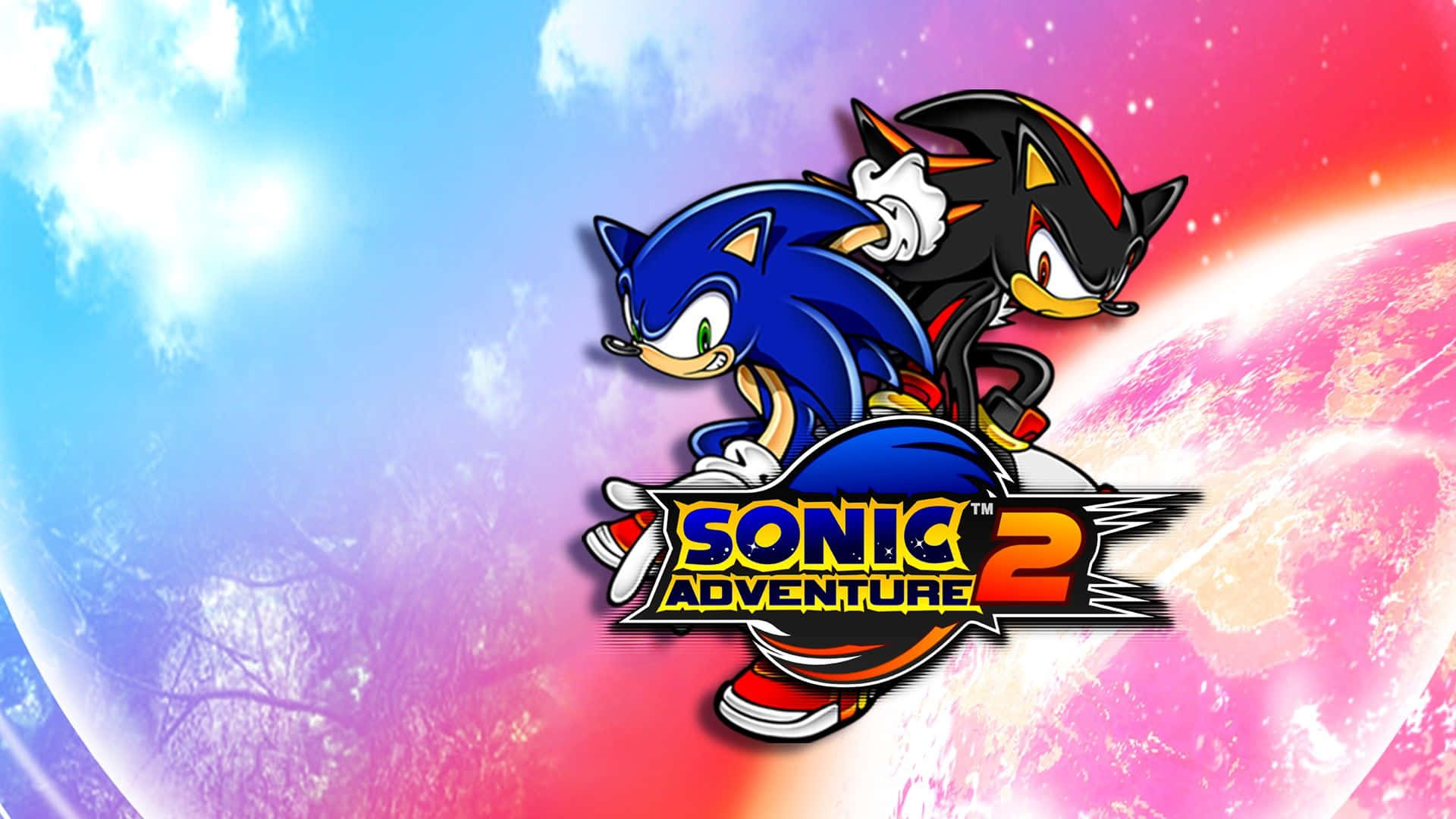  壁紙 — Sonic 和 Shadow 在充滿活力的宇宙天空中競速，背後有行星和太陽爆發，以及 Sonic Adventure 2 標誌。