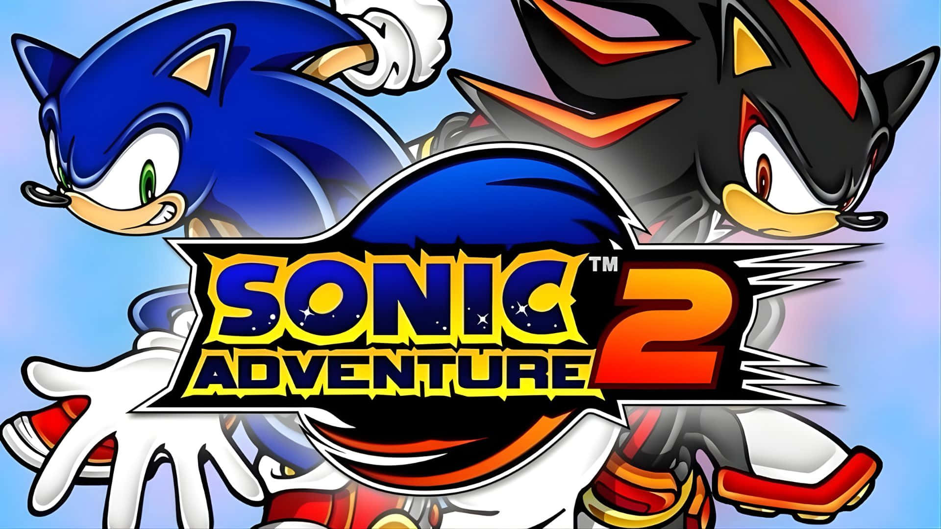 壁紙 — Sonic 和 Shadow 在 Sonic Adventure 2 標誌後方以充滿活力的漫畫風格動態競速。