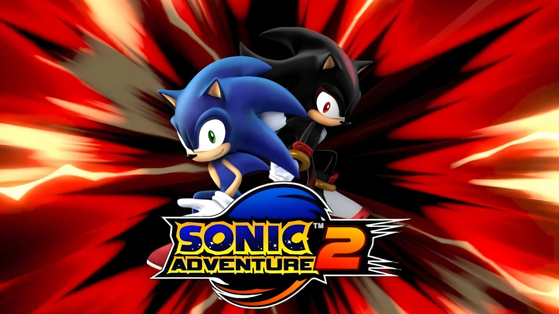 壁紙 — Sonic 同 Shadow 喺火紅同橙色動態模糊背景前向前衝刺，帶有 Sonic Adventure 2 標誌。