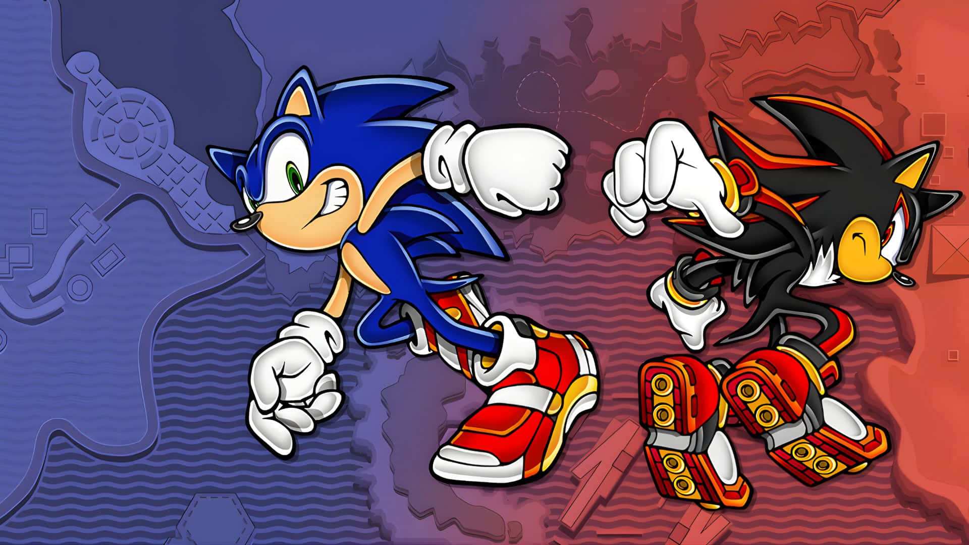  壁紙 — Sonic 和 Shadow 以動感姿態並肩競速，背景為風格化地圖。