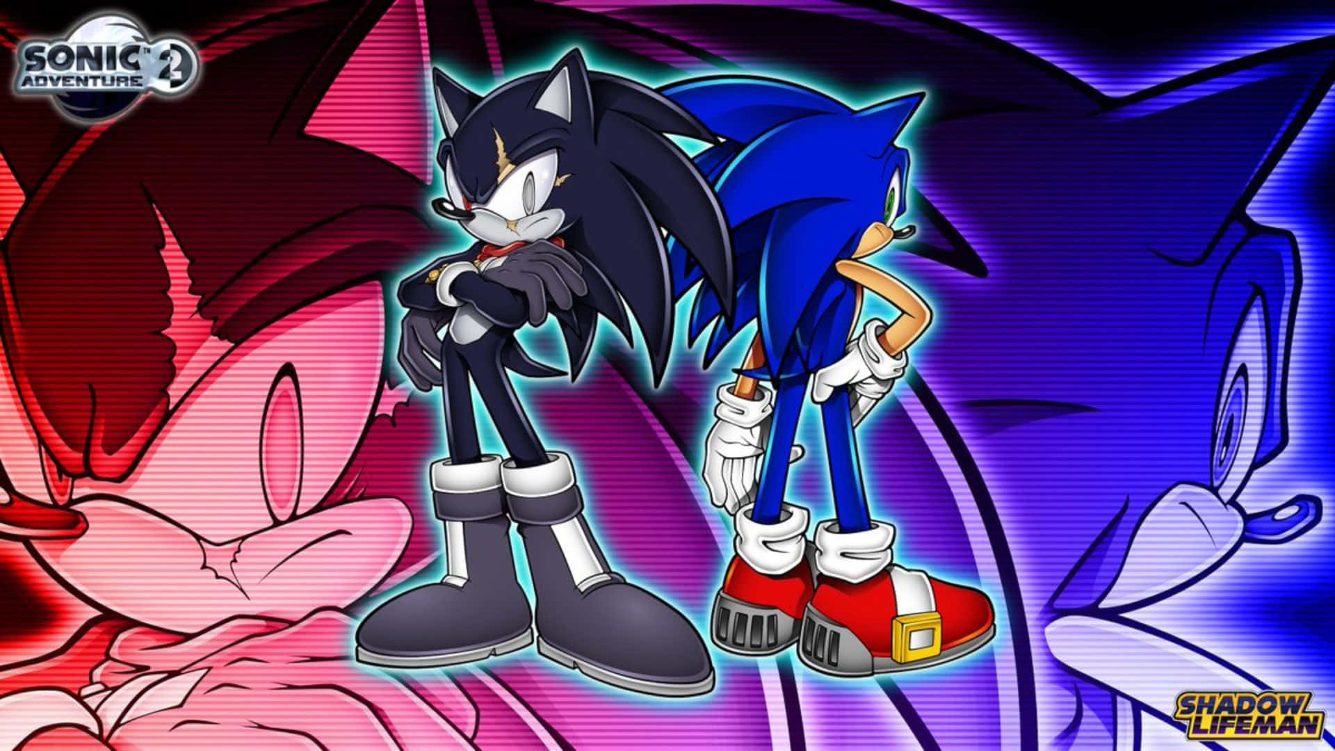  壁紙 — Sonic 和 Shadow 自信地站在充滿活力的粉紅色和藍色背景前，背景帶有漫畫風格的能量線條。