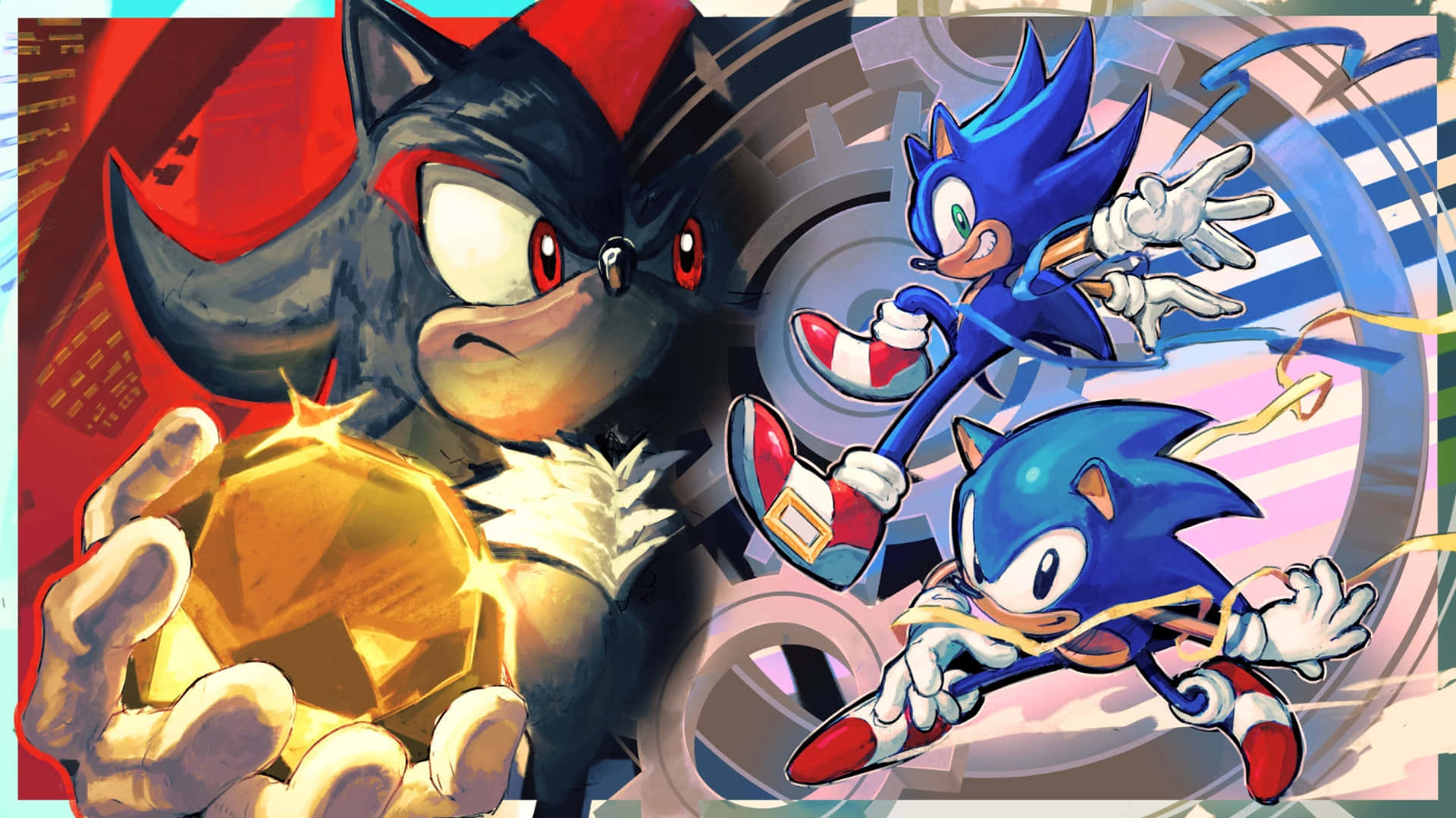  壁紙 — Sonic 和 Shadow the Hedgehog 在充滿活力的漫畫風格插圖中動態碰撞，帶有運動線條和大膽色彩。