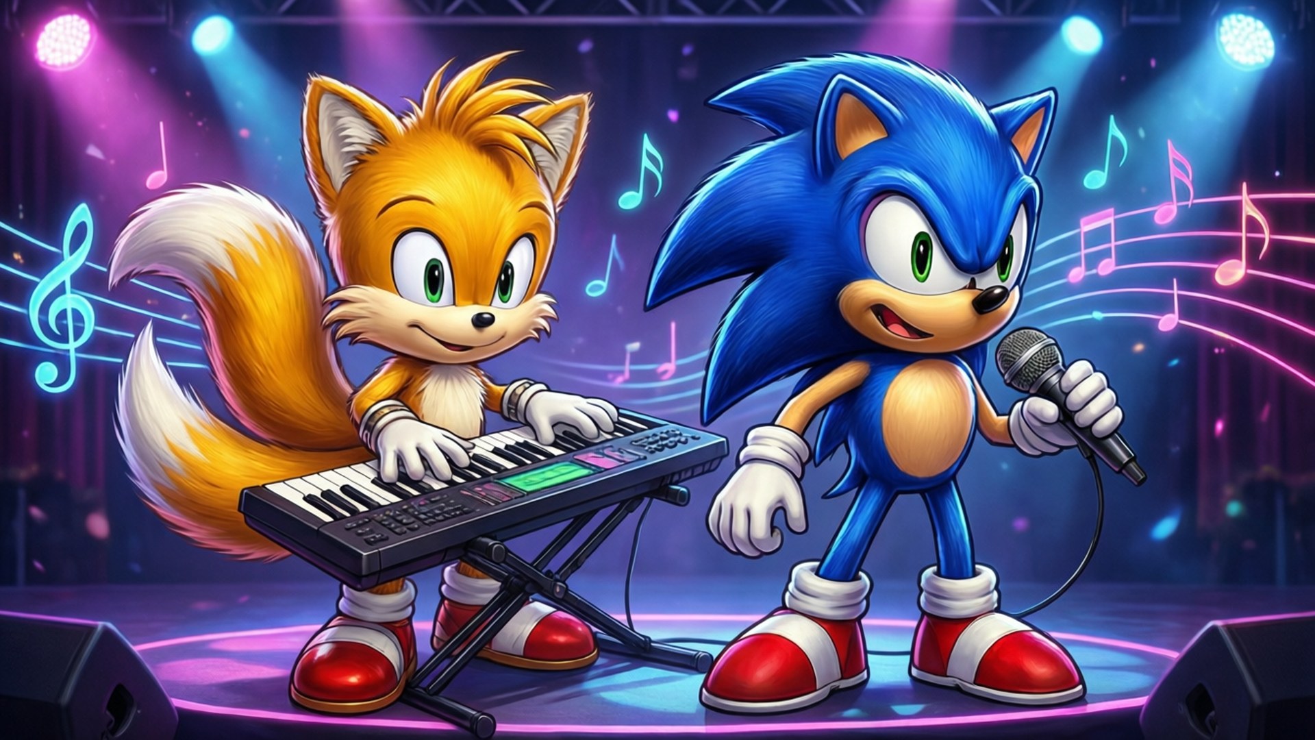 桌布 壁紙 — Sonic 和 Tails 在一個充滿活力的舞台上表演，周圍有發光的燈光和漂浮的音符。