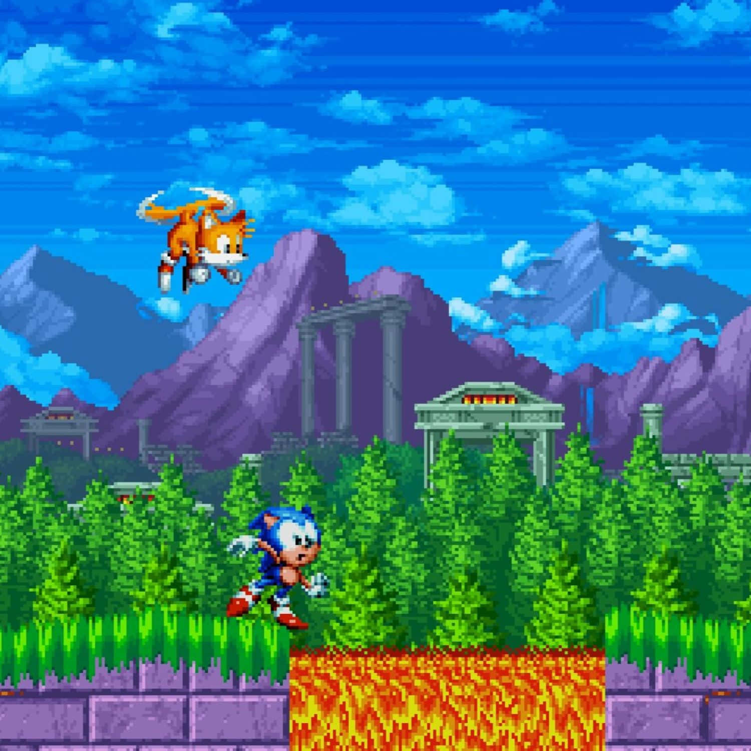  壁紙 — Sonic 和 Tails 在像素化叢林關卡中飛馳，下方有熾熱的熔岩，紫色山脈後面有古代遺跡。