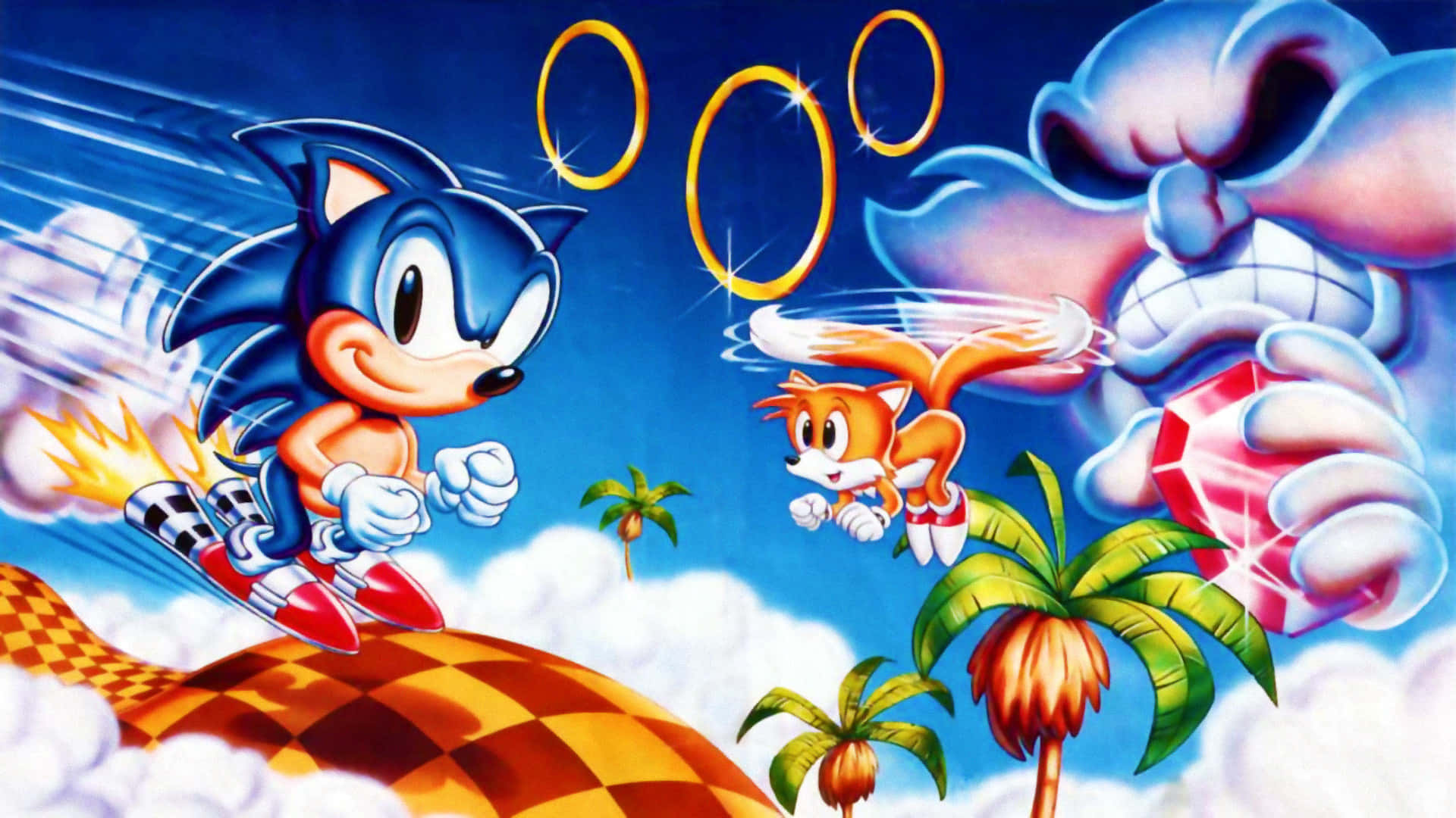  壁紙 — Sonic 同 Tails 喺熱帶天空飛馳，避開光環，而 Dr. Eggman 用巨型寶石追住佢哋。