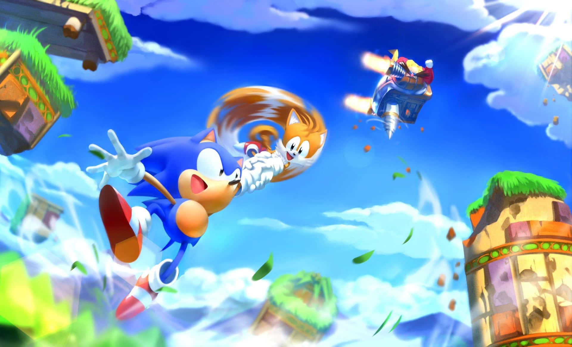  壁紙 — Sonic 同 Tails 喺晴朗藍天中翱翔，周圍有浮空綠色島嶼同遠處嘅敵機。