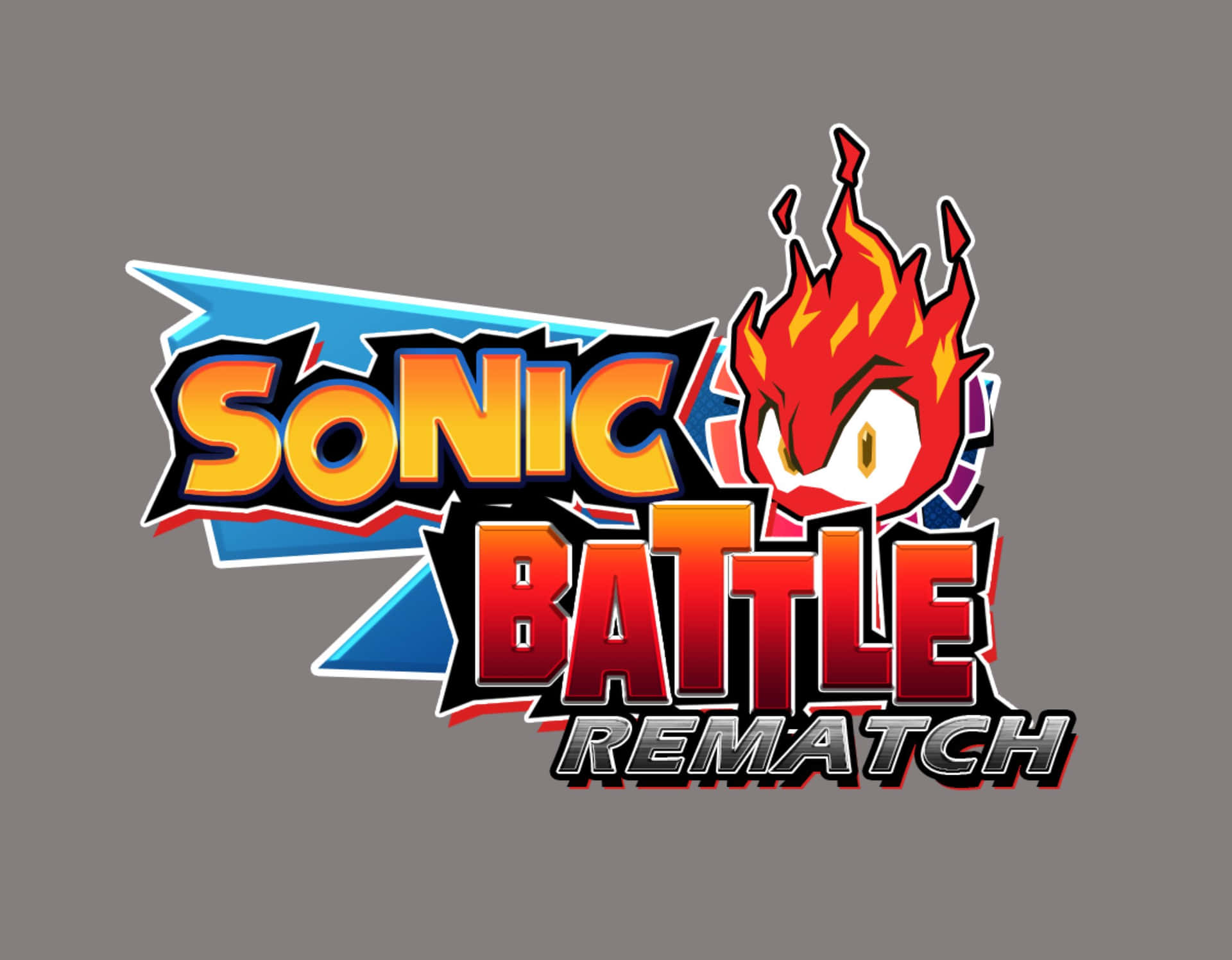  壁紙 — Sonic Battle Rematch 的鮮豔標誌，帶有火熱角色和粗體風格文字，背景為灰色。