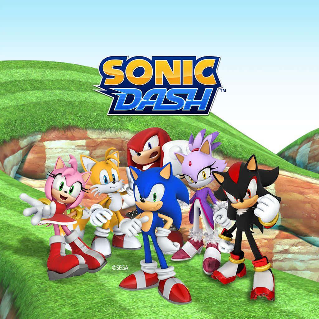 Sonic Dash 桌布 壁紙 — Sonic Dash 角色在藍天白雲下的草地上愉快地擺姿勢，上方有遊戲標誌。