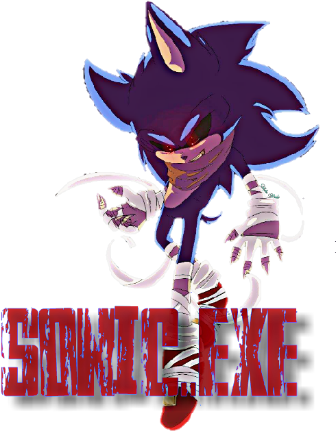 Sonic.EXE 噩夢風插畫 壁紙 — 深紫色刺蝟，發光的紅眼睛和繃帶纏繞的四肢，在黑色背景上動態擺姿勢，配有粗體紅色文字。