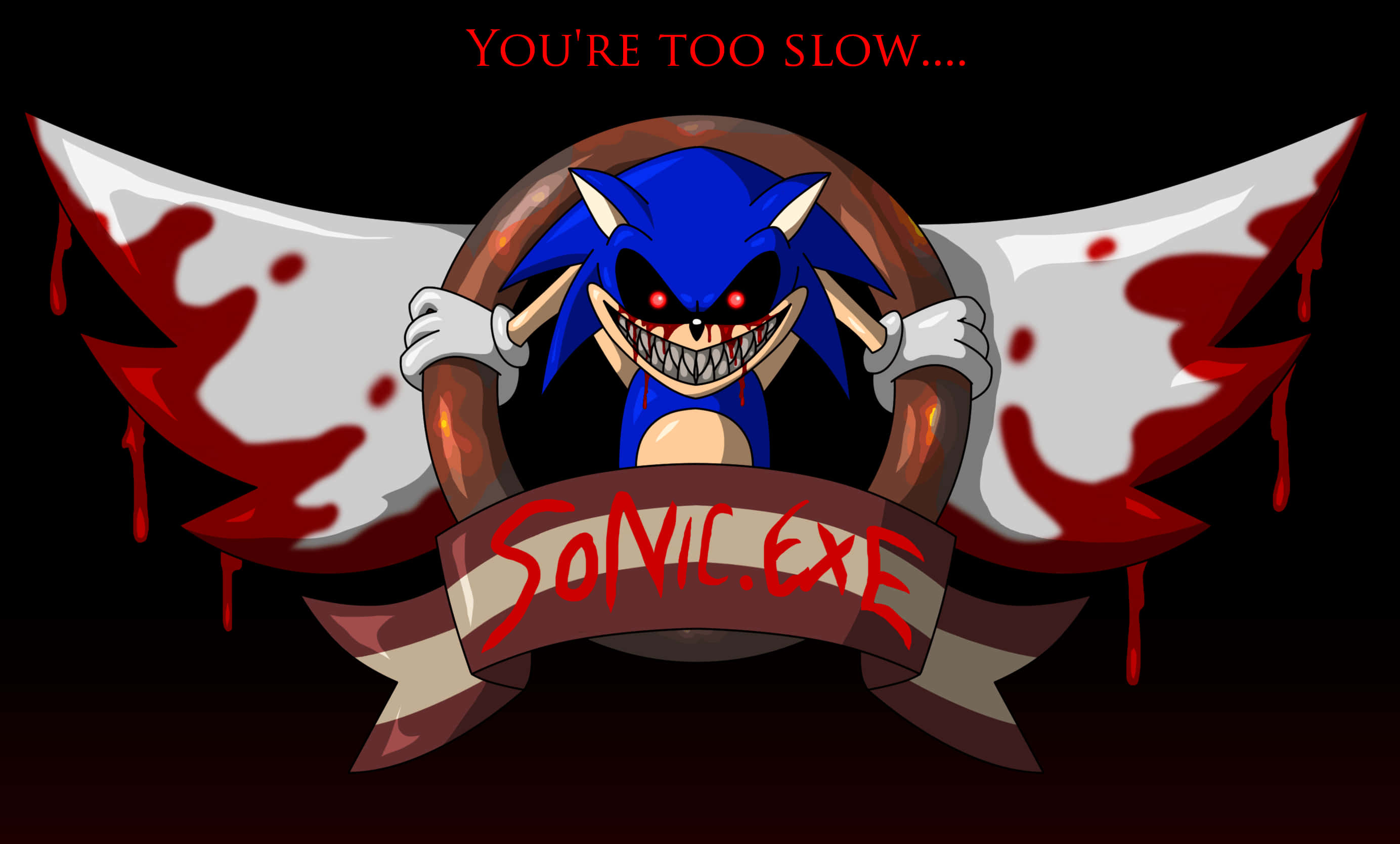 Sonic Exe 黑暗藝術 壁紙 — 一隻帶有紅色眼睛和血淋淋翅膀的威脅性藍色刺蝟，在黑暗背景前舉著寫有SONIC.EXE的橫幅。