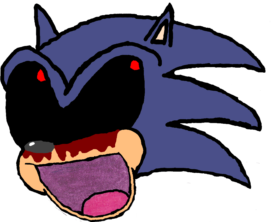 Sonic.exe 奇異粉絲藝術圖 壁紙 — 一隻帶有紅色眼睛和血淋淋嘴巴的威脅性藍色刺蝟，背景為黑色。