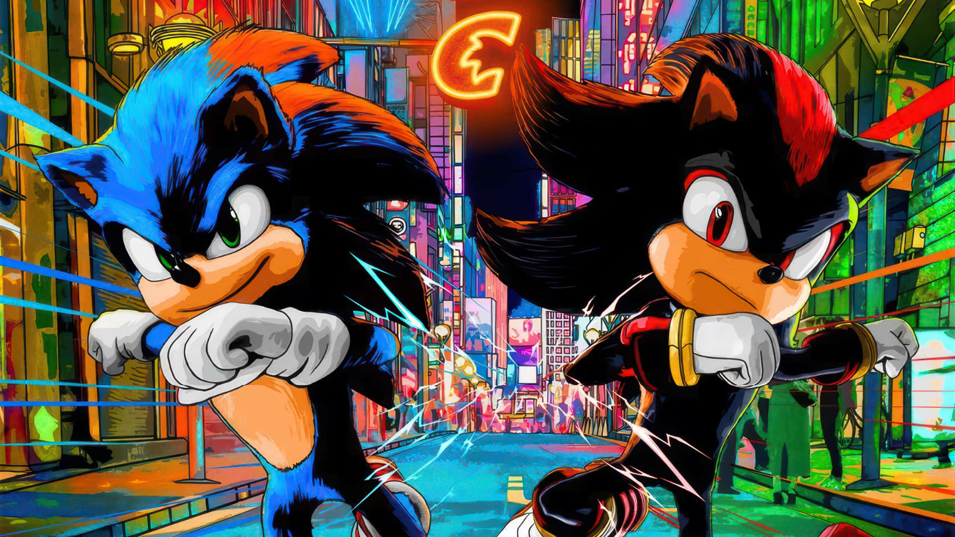  壁紙 — Sonic 和 Shadow 並肩奔馳在霓虹閃爍的未來城市景觀中，周圍是發光的摩天大樓和電能軌跡。