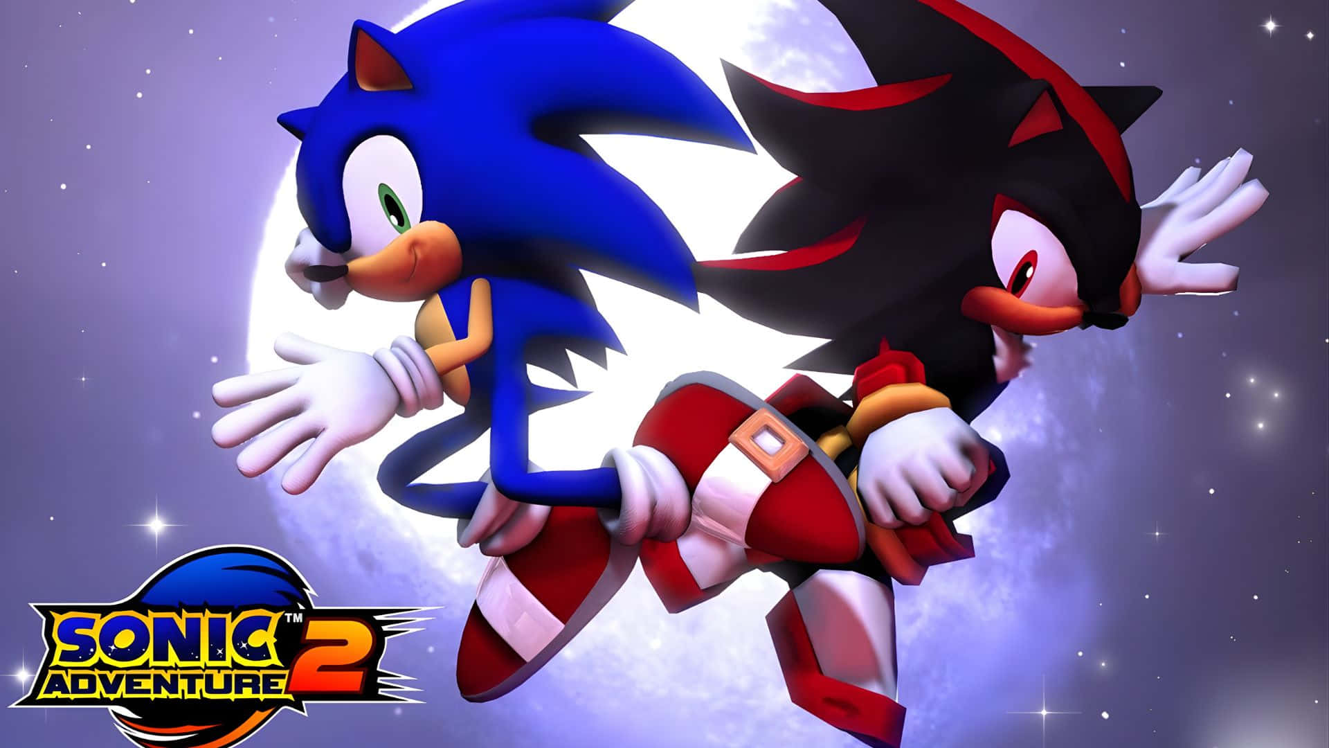  壁紙 — Sonic 和 Shadow the Hedgehog 在繁星點點的夜空下並肩翱翔，身後有一輪發光的月亮。