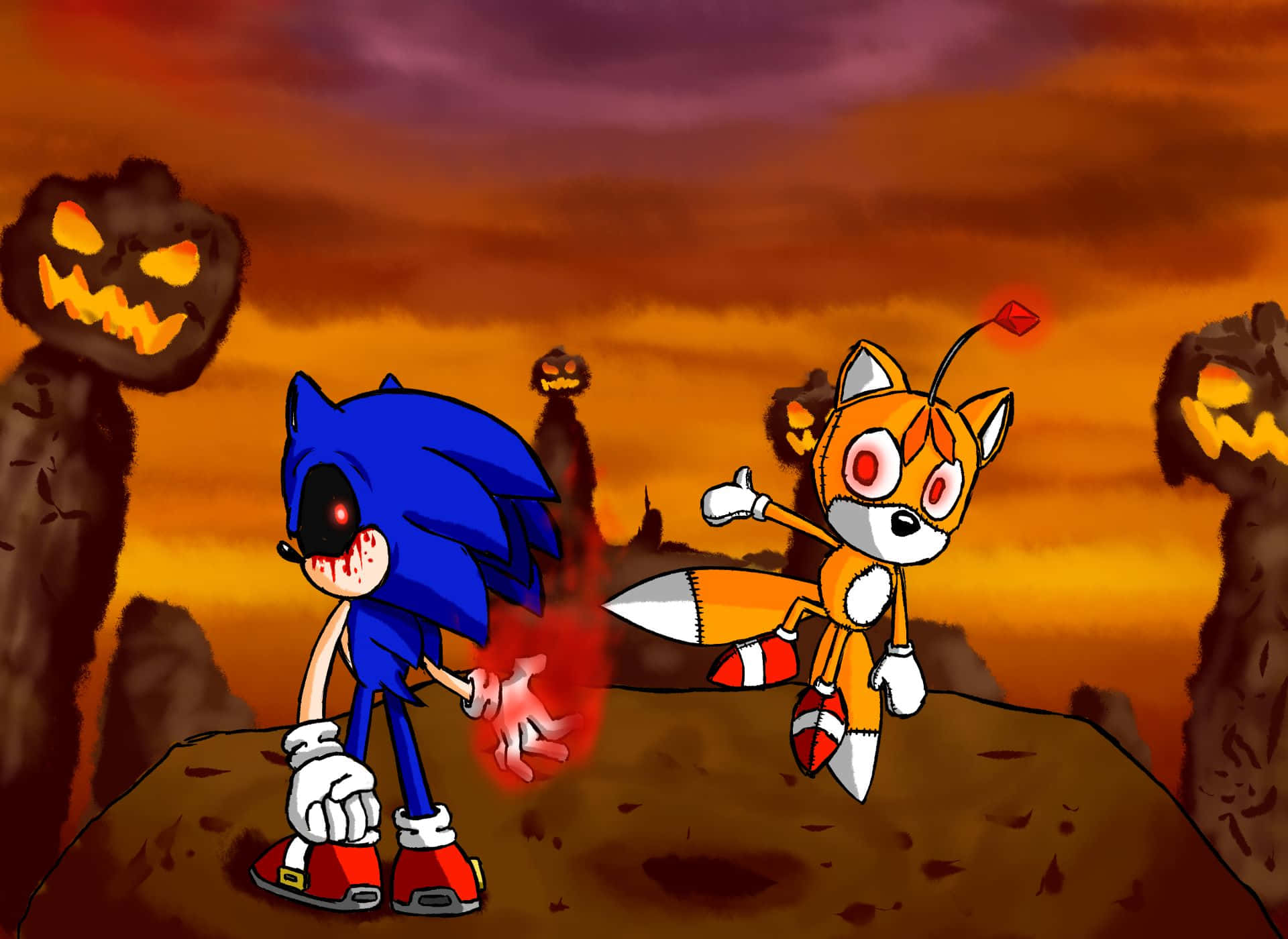  壁紙 — Sonic 和 Tails 在一個詭異的萬聖節場景中，有發光的南瓜燈和火紅的天空。