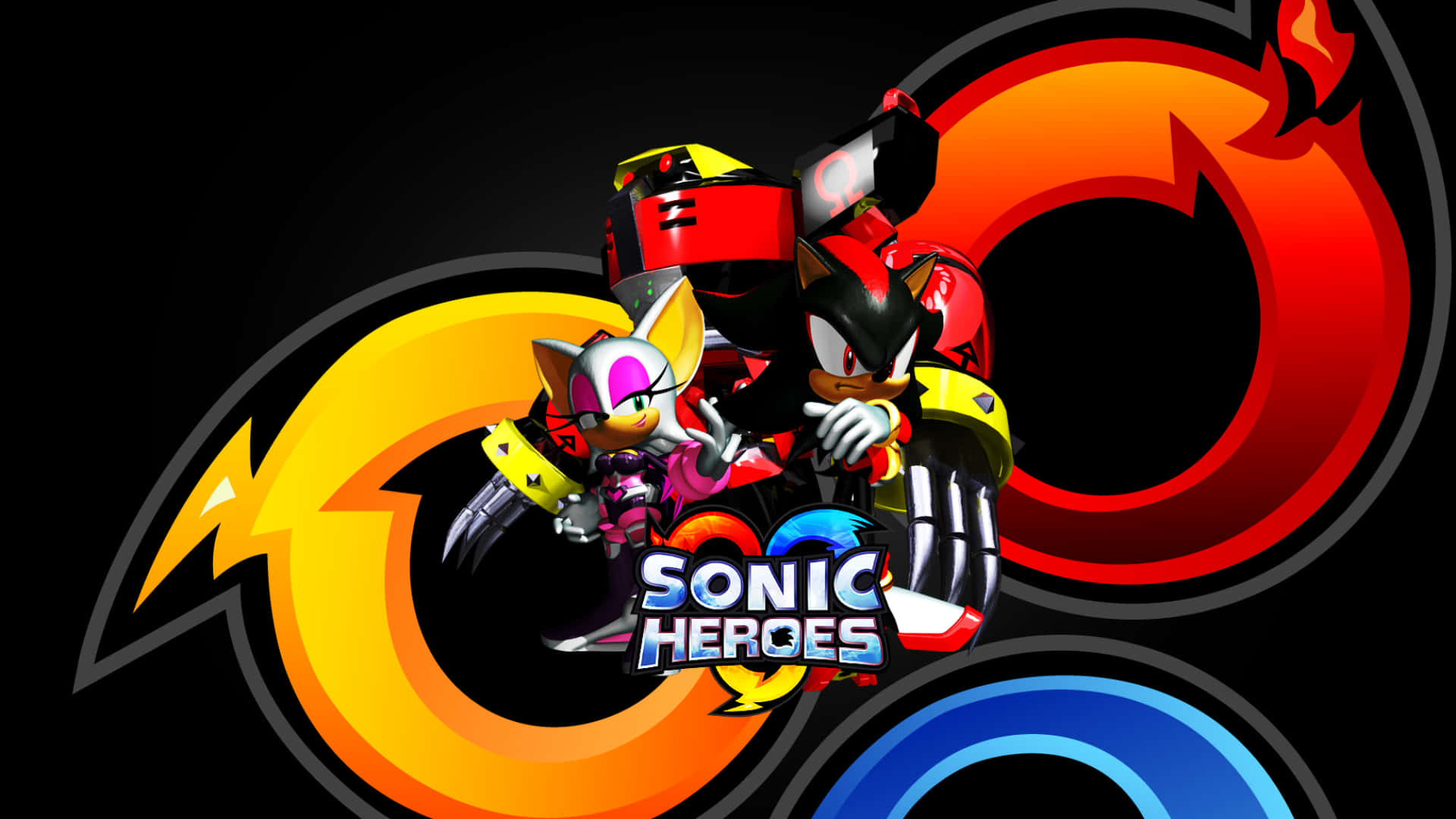Rouge The Bat 桌布 壁紙 — Sonic Heroes 標誌，角色以動態姿勢呈現，背景為黑色，並有色彩繽紛的旋轉環。