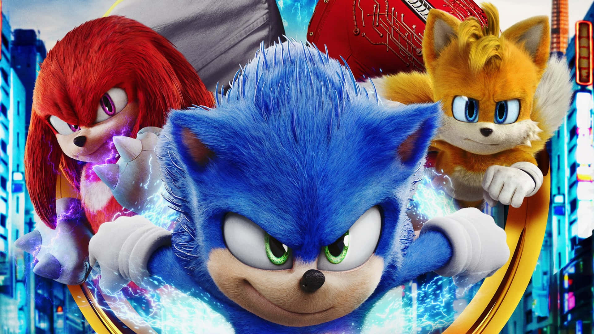  壁紙 — Sonic、Knuckles 和 Tails 在霓虹燈閃爍的未來城市景觀中奔馳，留下發光的能量軌跡。