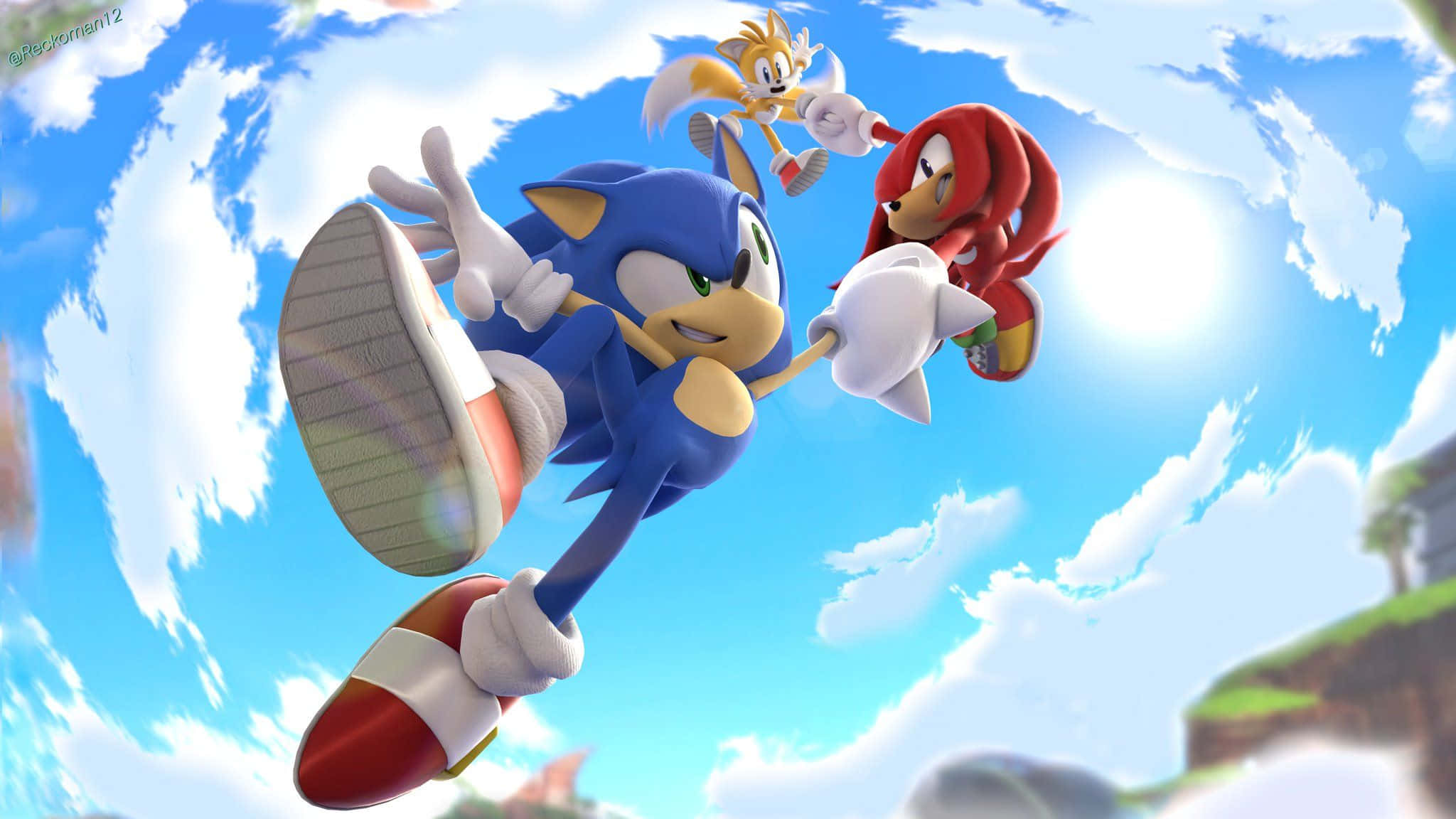 Sonic Fan Art 桌布 壁紙 — Sonic、Knuckles 同 Tails 喺晴朗藍天中翱翔，背後有 fluffy 雲同太陽眩光。