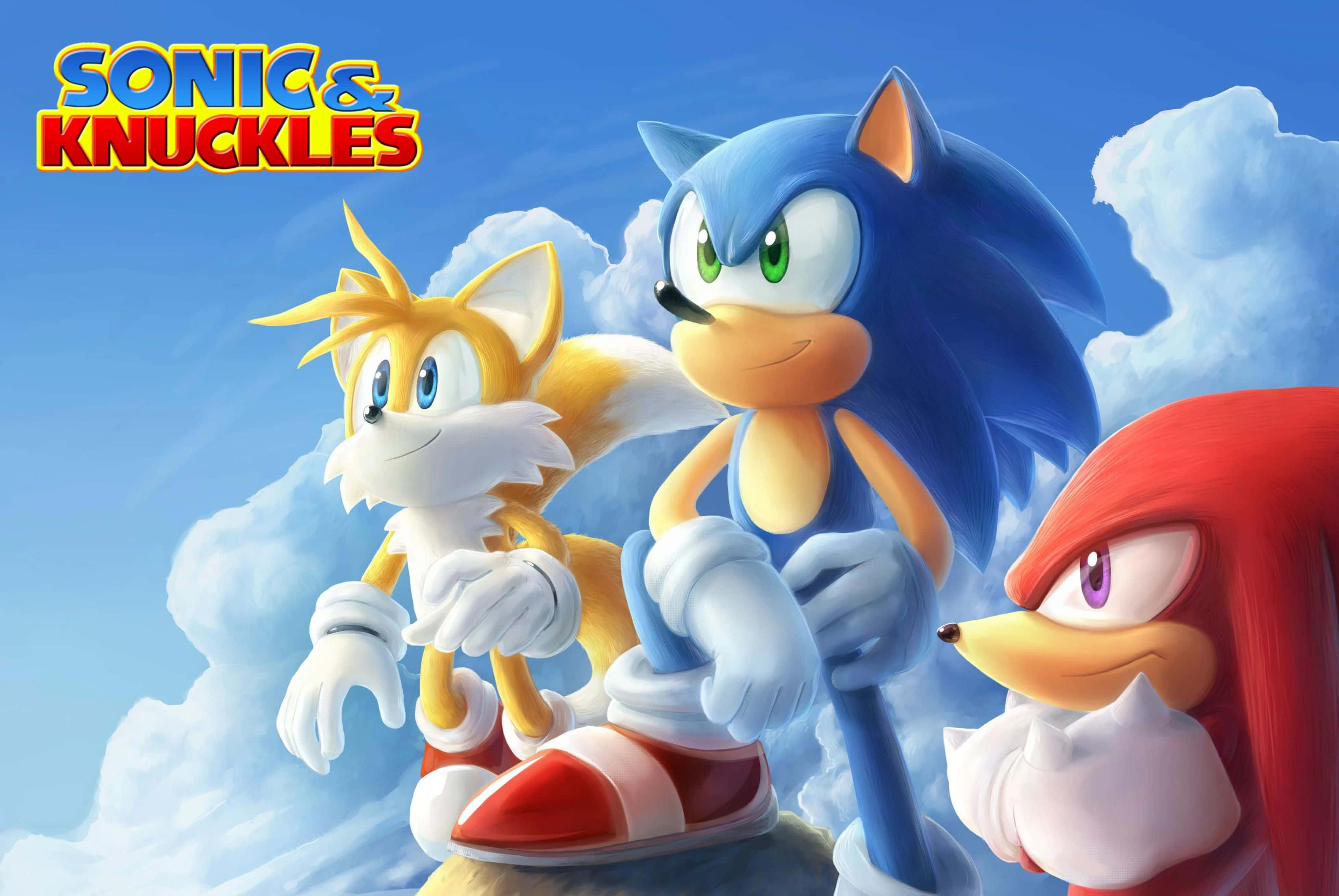 Sonic And Knuckles 桌布 壁紙 — Sonic、Knuckles 和 Tails 在明亮的藍天和蓬鬆的雲朵下英勇地站立。