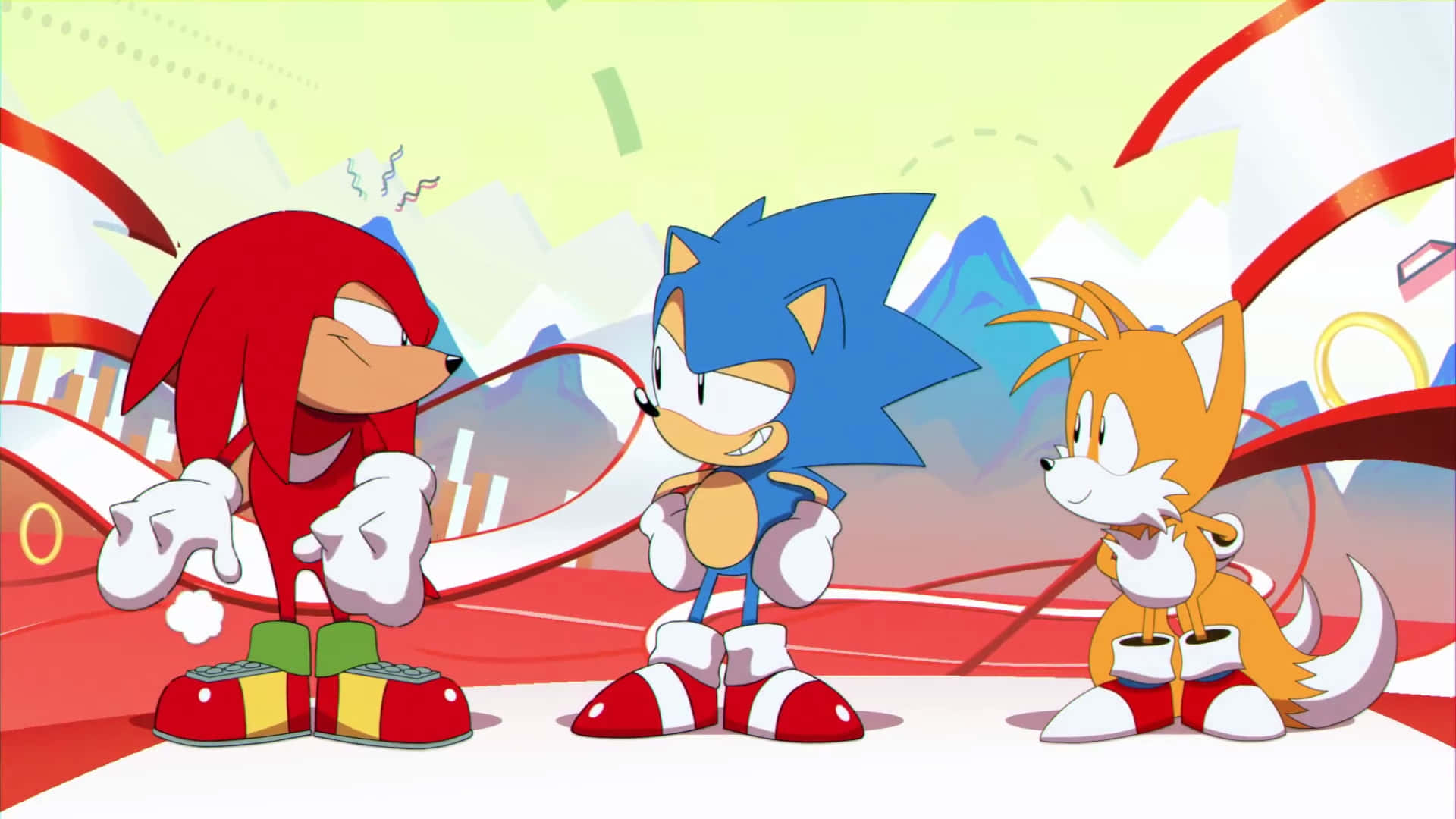 Sonic And Tails 桌布 壁紙 — Sonic、Knuckles 和 Tails 一起站在充滿活力的卡通場景中，背景有動態的紅色條紋和風格化的山脈。
