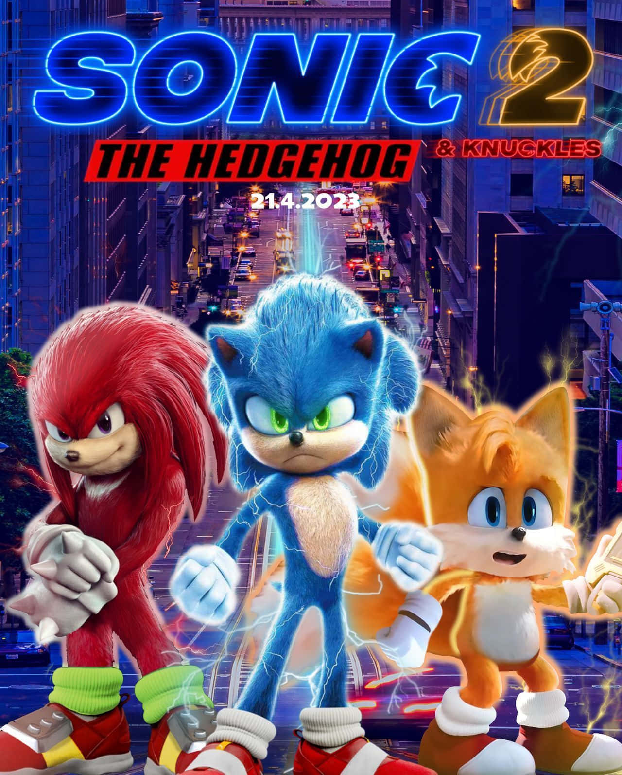 Sonic And Knuckles 桌布 壁紙 — Sonic、Knuckles 和 Tails 在發光的電影標題下，英勇地站在霓虹燈閃爍的城市景觀中。