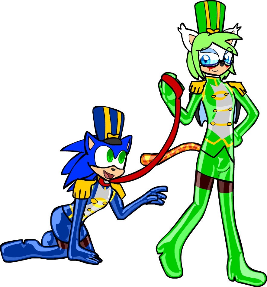 動畫Sonic與綠色角色服裝 壁紙 — 兩個戴高帽的卡通角色，一個藍色一個綠色，在黑色背景前擺姿勢，帶紅色皮帶。