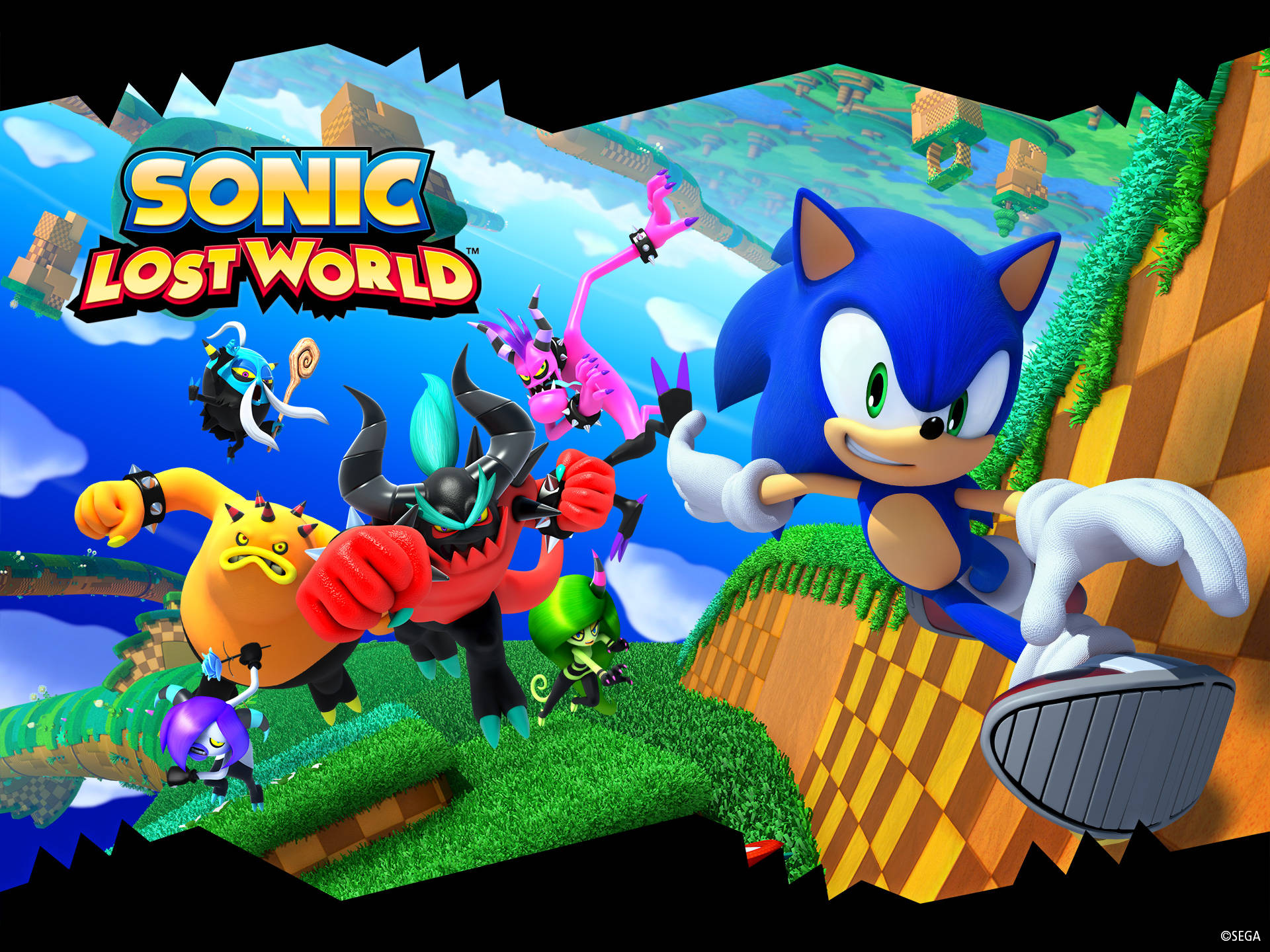Sonic Lost World 藝術圖 壁紙 — Sonic the Hedgehog 在充滿活力的浮島景觀中飛馳，周圍有色彩繽紛的敵人和茂密的綠植。