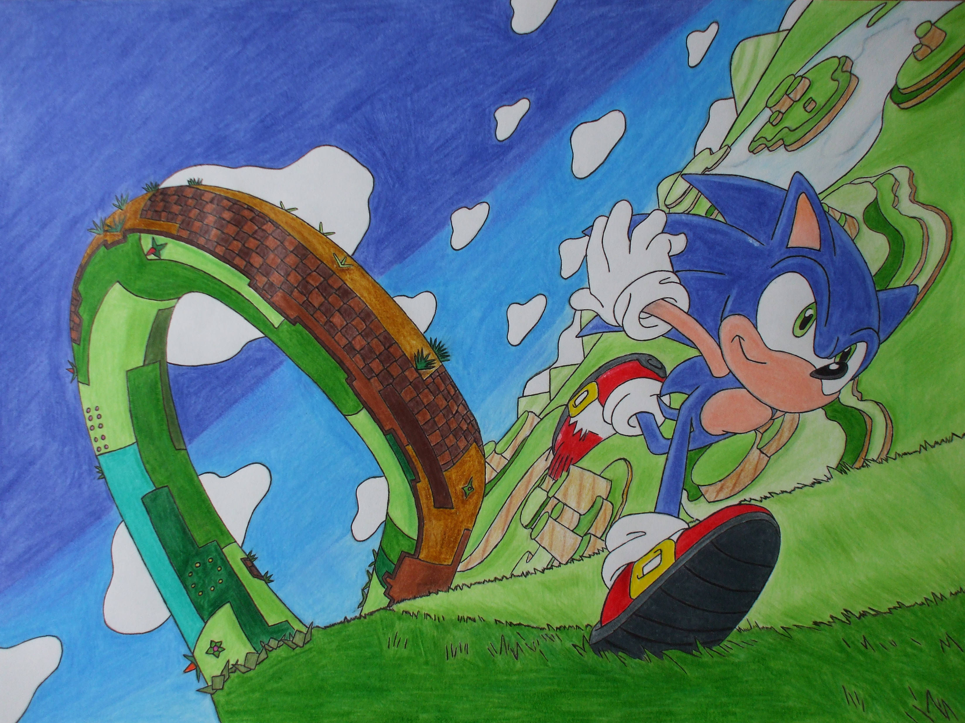 Sonic Lost World 風車磨坊 壁紙 — Sonic the Hedgehog 在藍天白雲下，沿著草坡衝下，經過一條綠色和棕色的環形賽道。