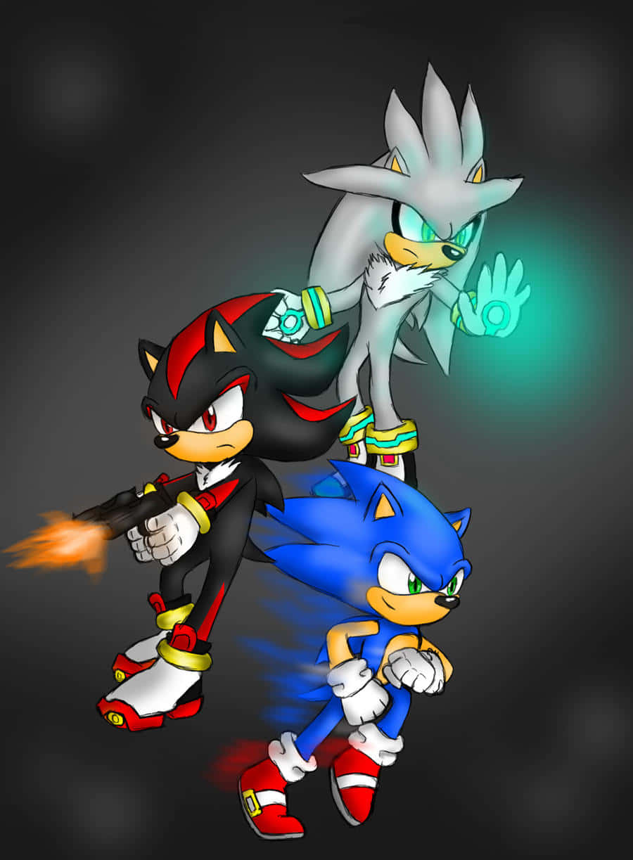  壁紙 — Sonic、Shadow 和 Silver 向前衝刺，Sonic 在前，背景為深色並帶有發光效果。